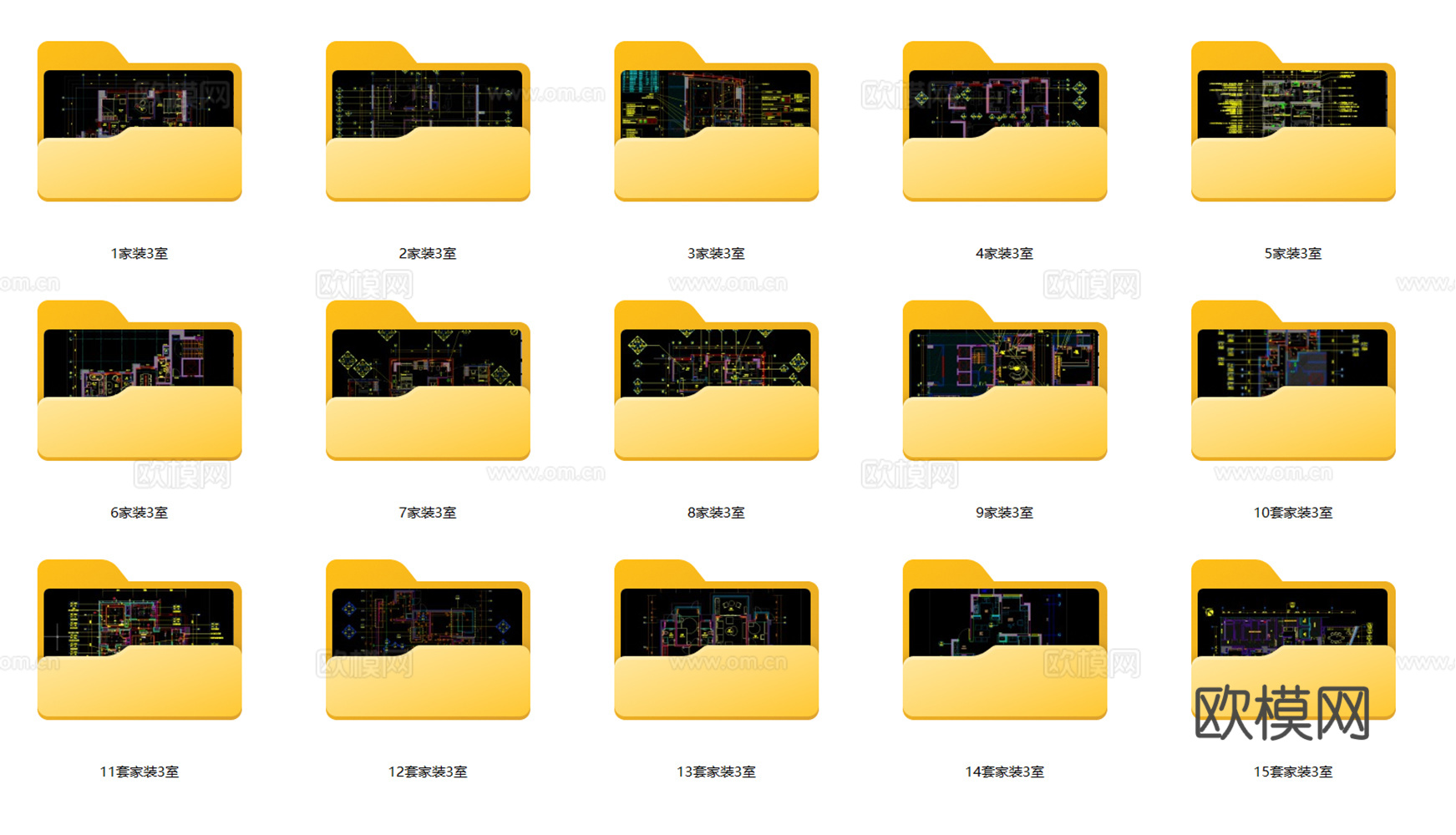 15套现代3室精装修样板房大户型洋房大平层全套施工图cad施工图