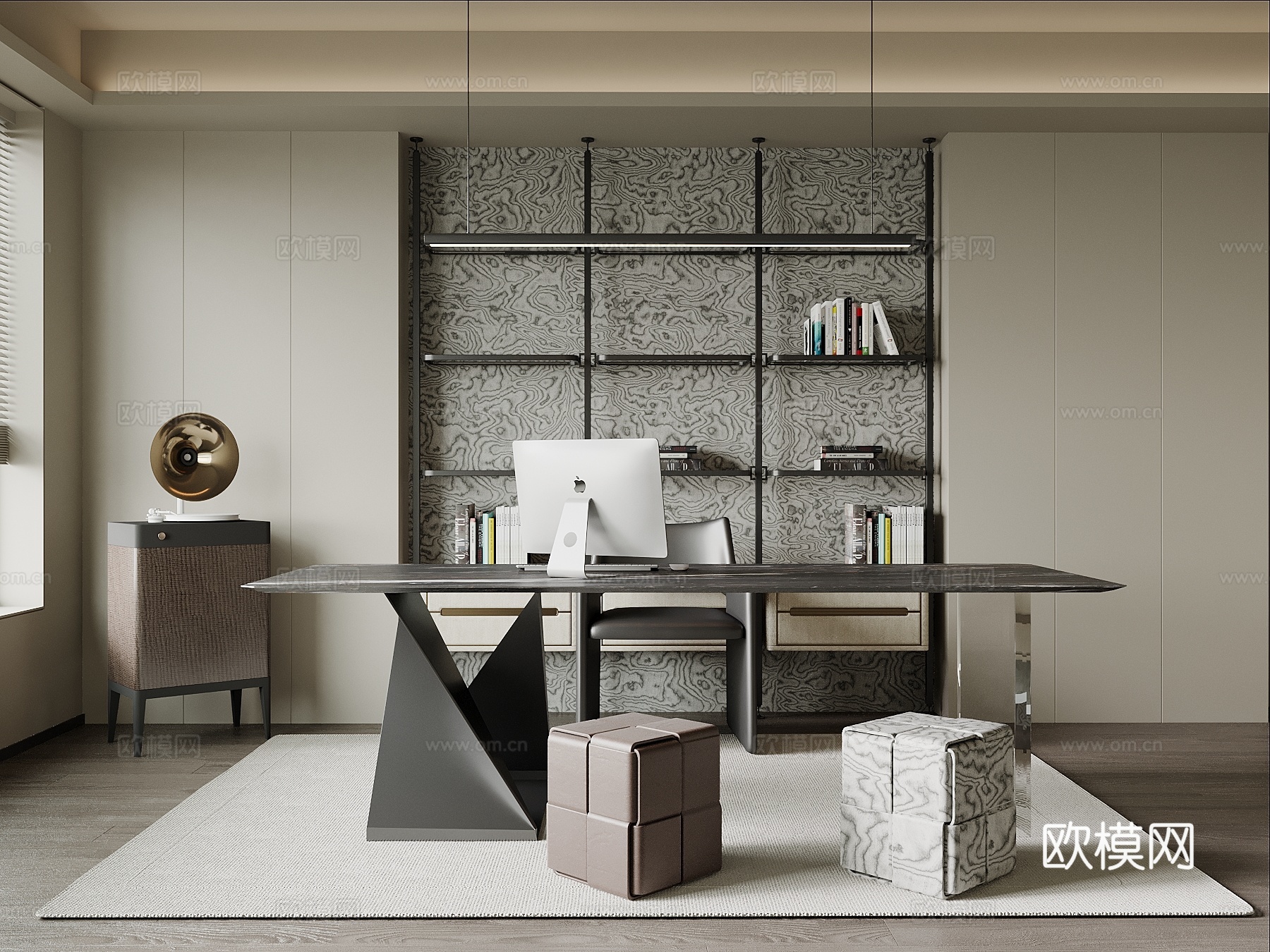 现代书房 书桌椅 书柜su模型