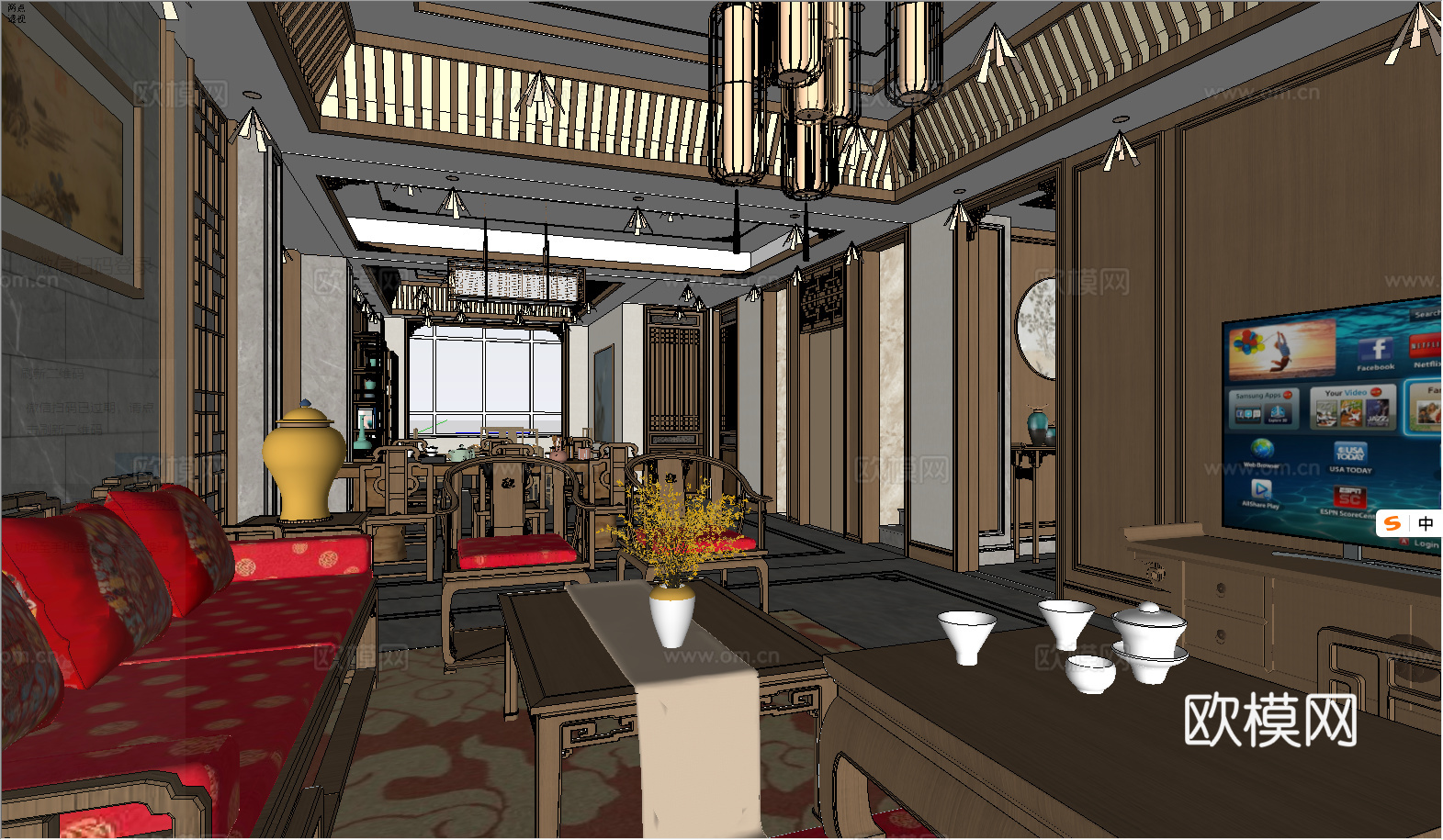 中式别墅挑高客厅su模型