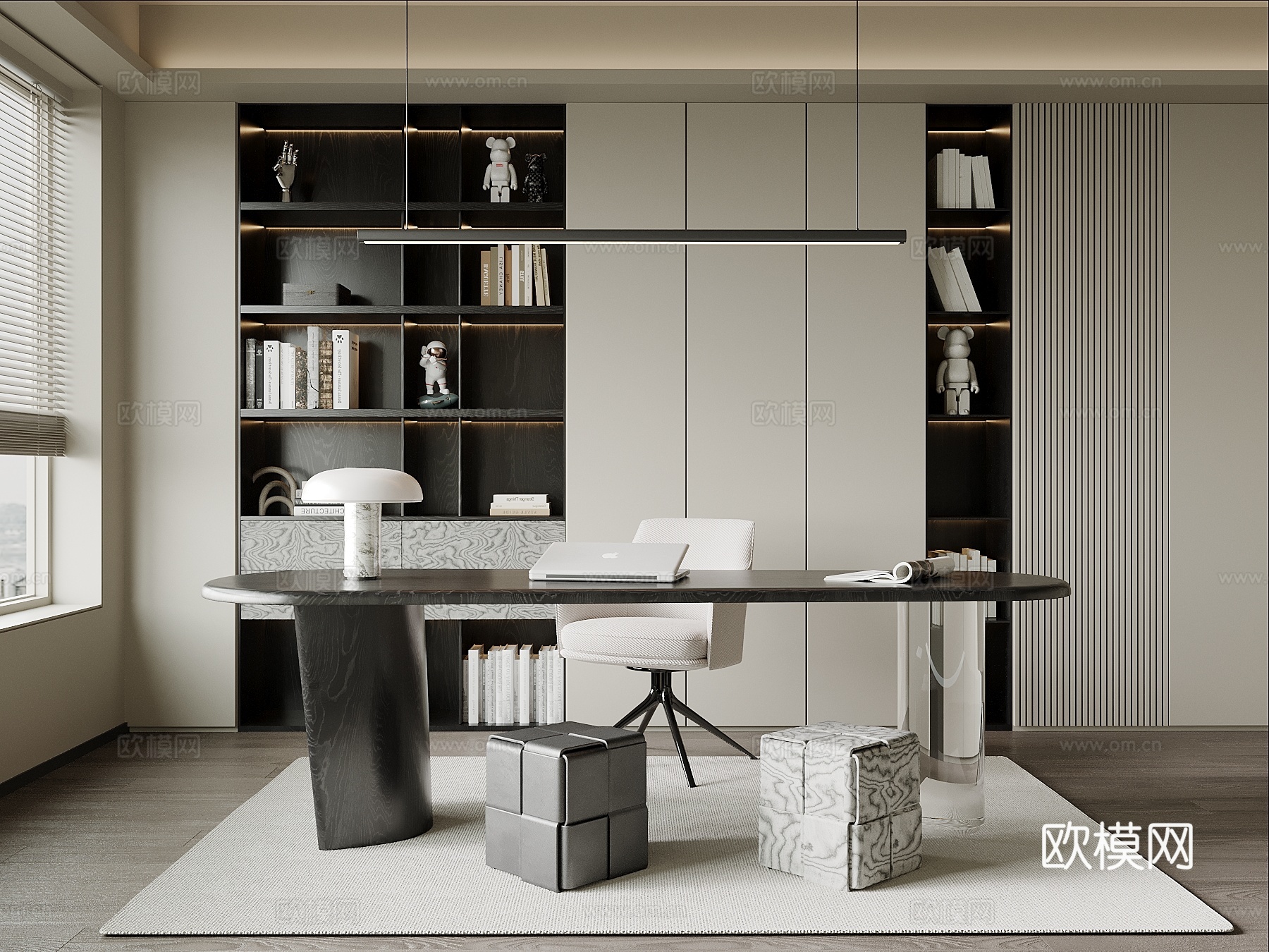 现代书房 书桌椅 书柜su模型