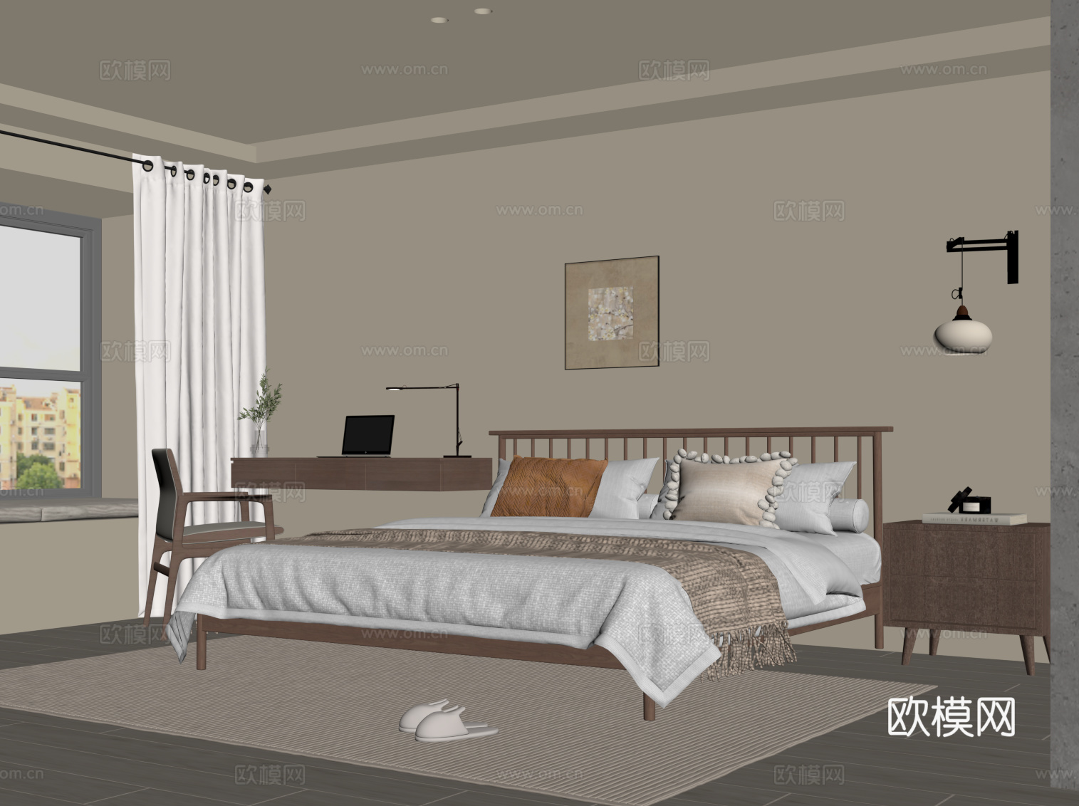现代中古风卧室 双人床 书桌椅su模型