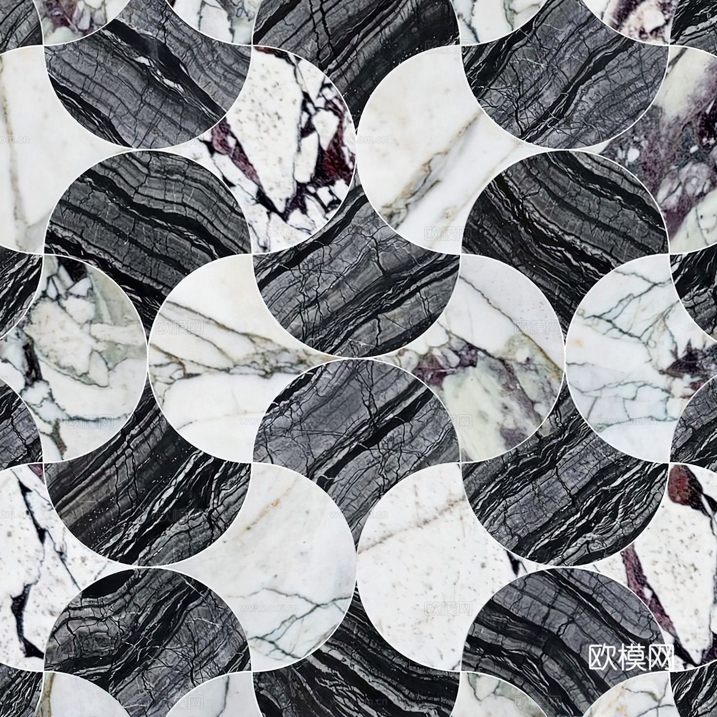现代无缝轻奢石材拼花地面 黑白拼花石材贴图