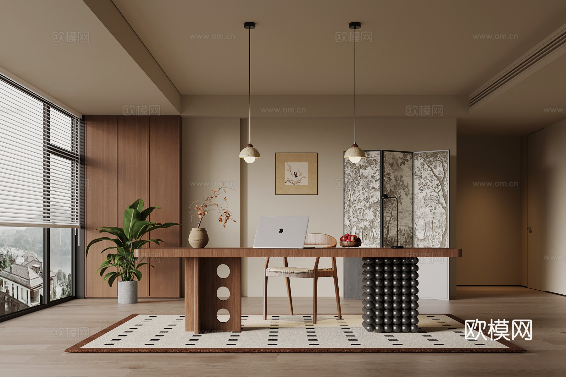 中古风书房 开放式书房 书桌椅 背景墙su模型下载（渲染图1）