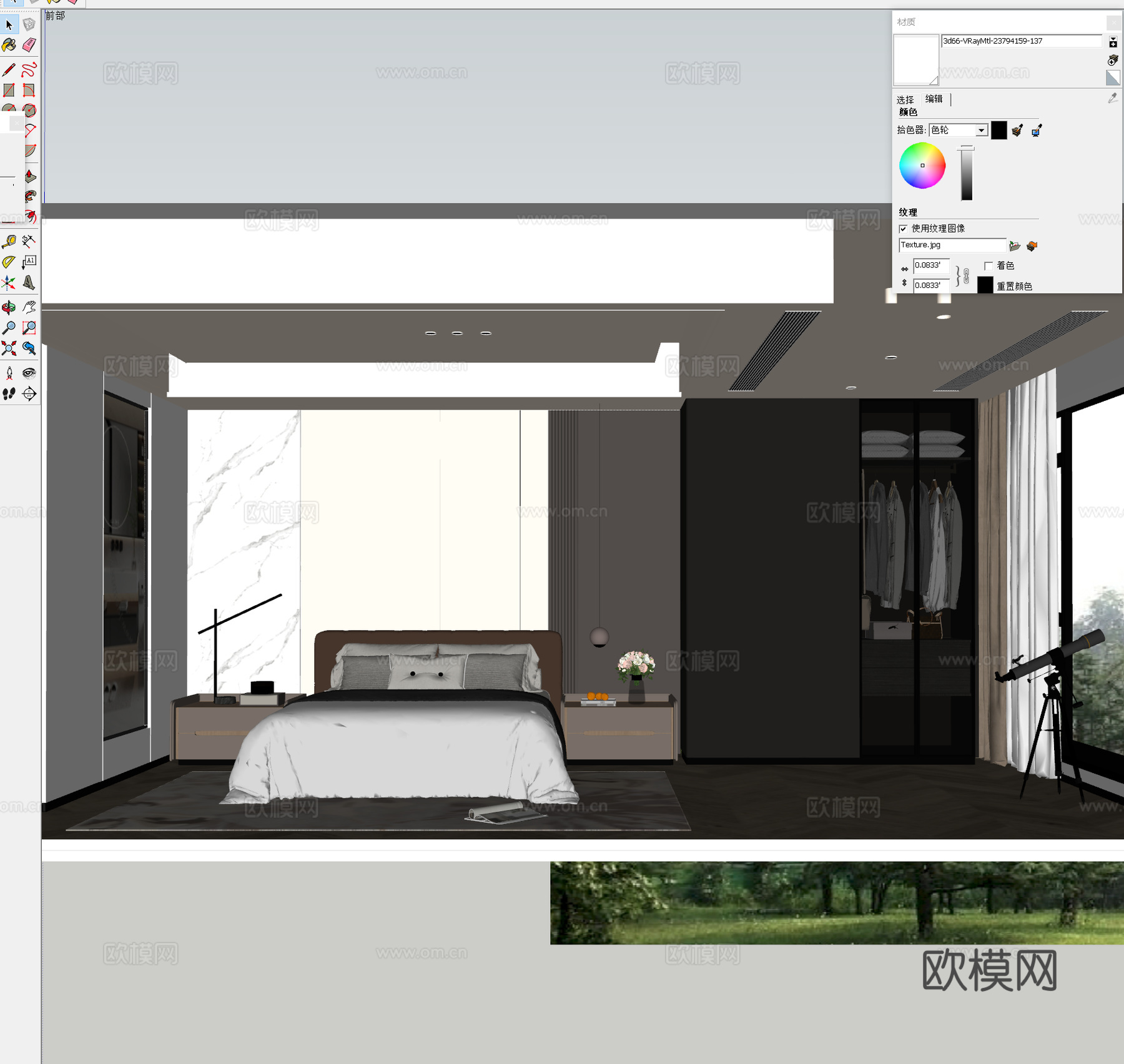 现代极简男孩卧室 意式卧室床具衣柜 卧室石材背景墙 意式灰色su模型