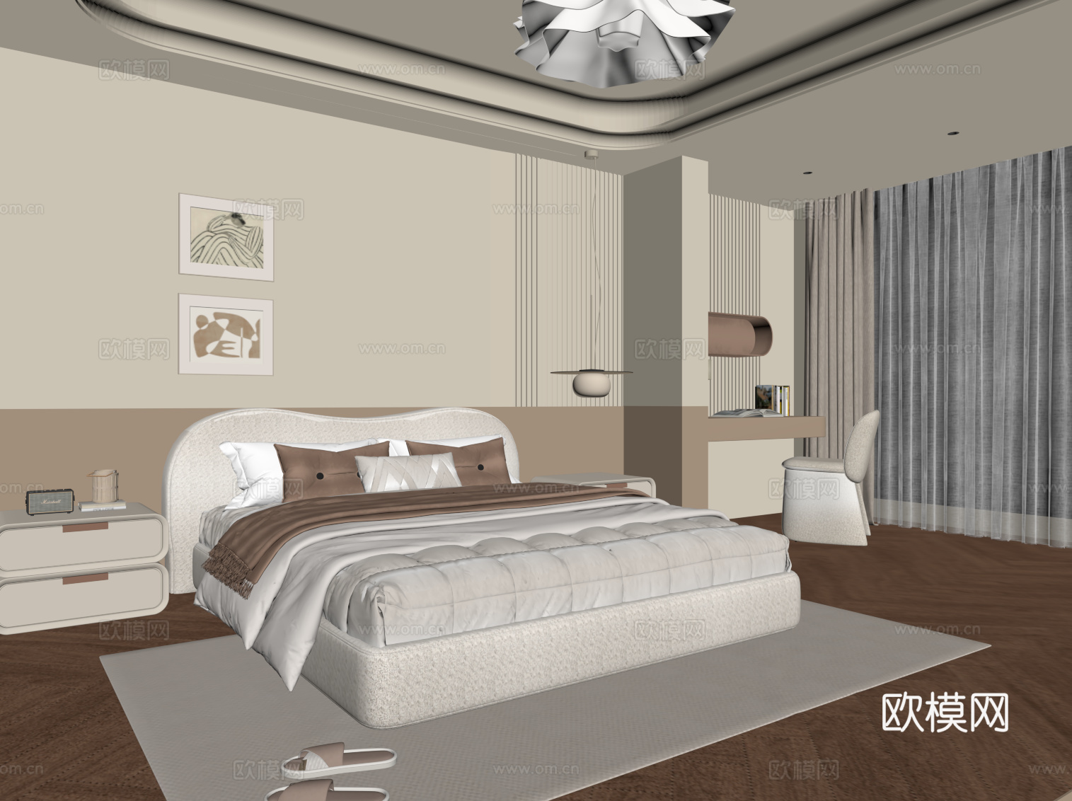 现代卧室 双人床su模型