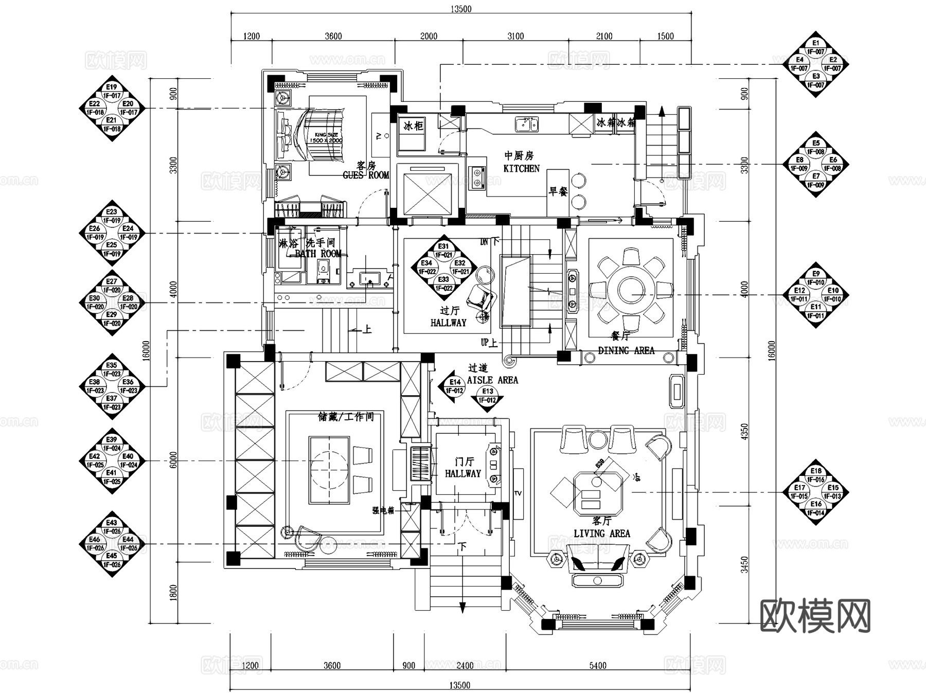 南通博园岚郡A2户型三层别墅室内家装CAD施工图整套cad施工图