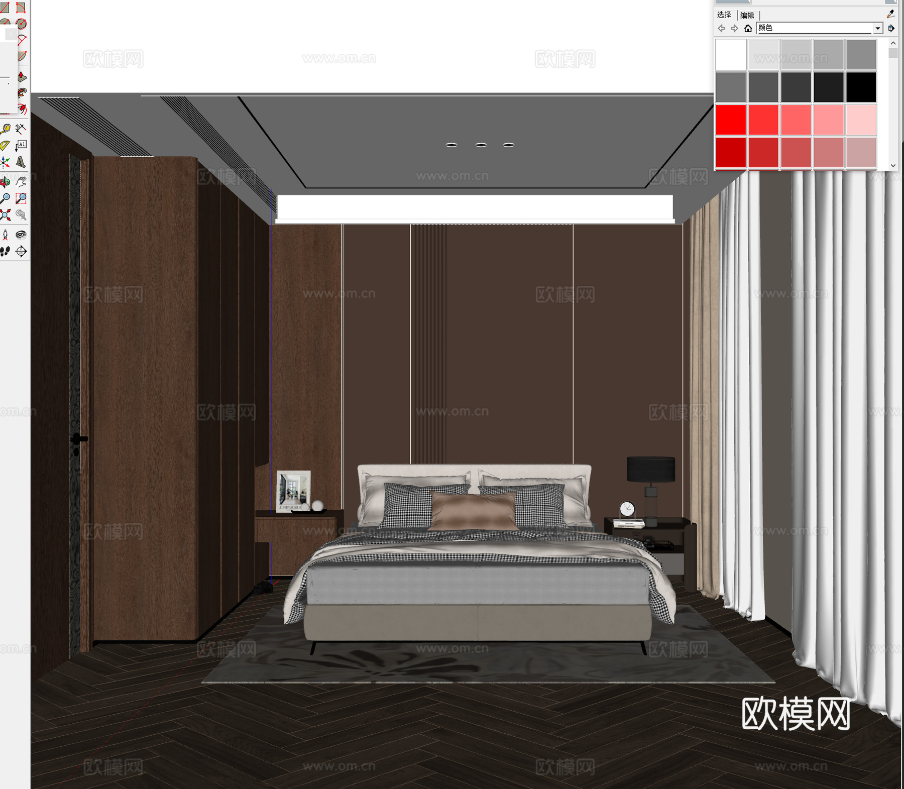 意式卧室床头柜 现代主卧卧室衣柜 意式地毯饰品摆件 现代皮革su模型