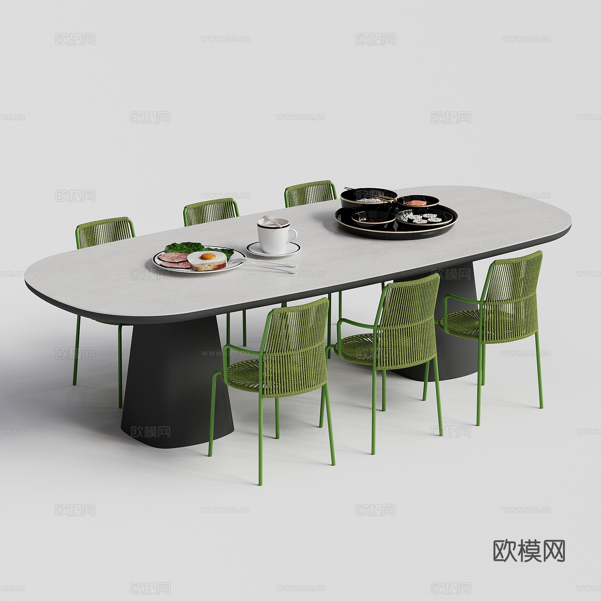 现代户外 庭院花园 餐桌椅 椭圆餐桌 餐椅 桌面饰品摆件su模型