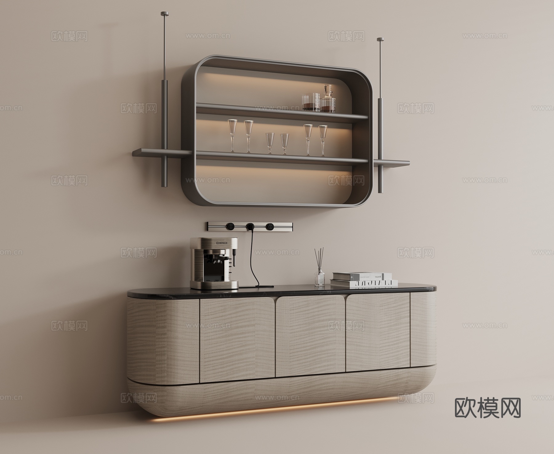 现代餐边柜 实木餐边柜 现代吊柜 咖啡机 酒瓶酒杯su模型