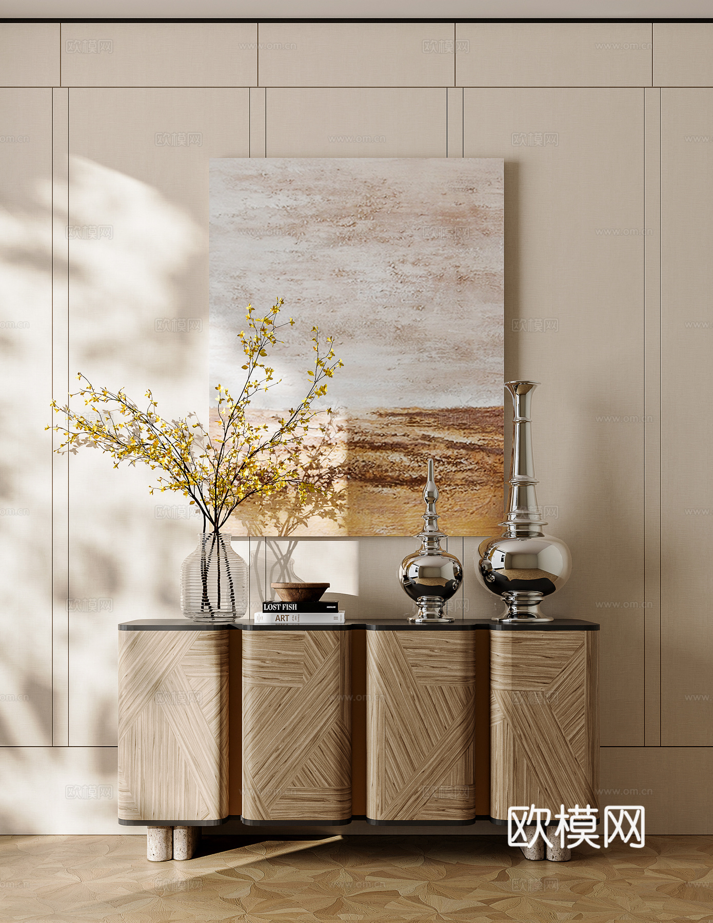 现代中古边柜 玄关柜 饰品摆件 装饰摆件su模型