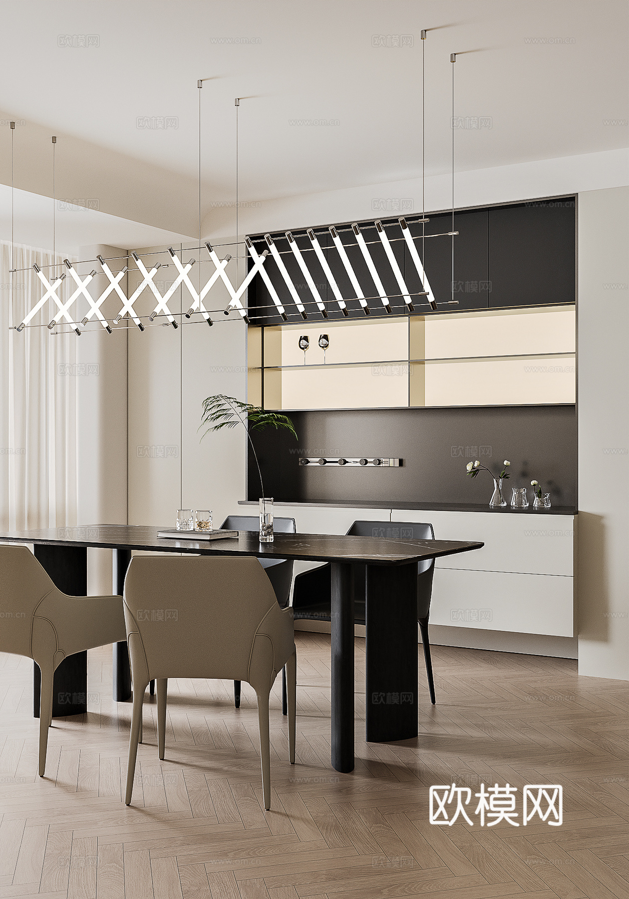 现代轻奢餐厅 餐桌椅 餐边柜su模型