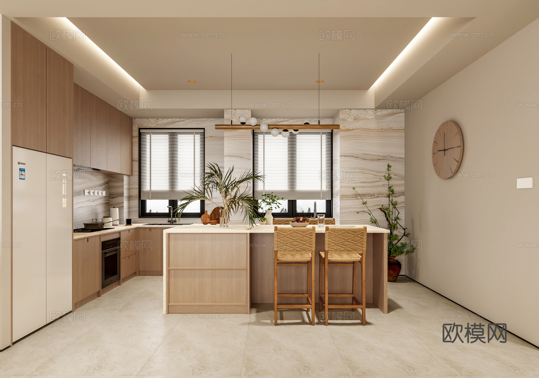 现代奶油风客餐厅3d模型下载（渲染图2）