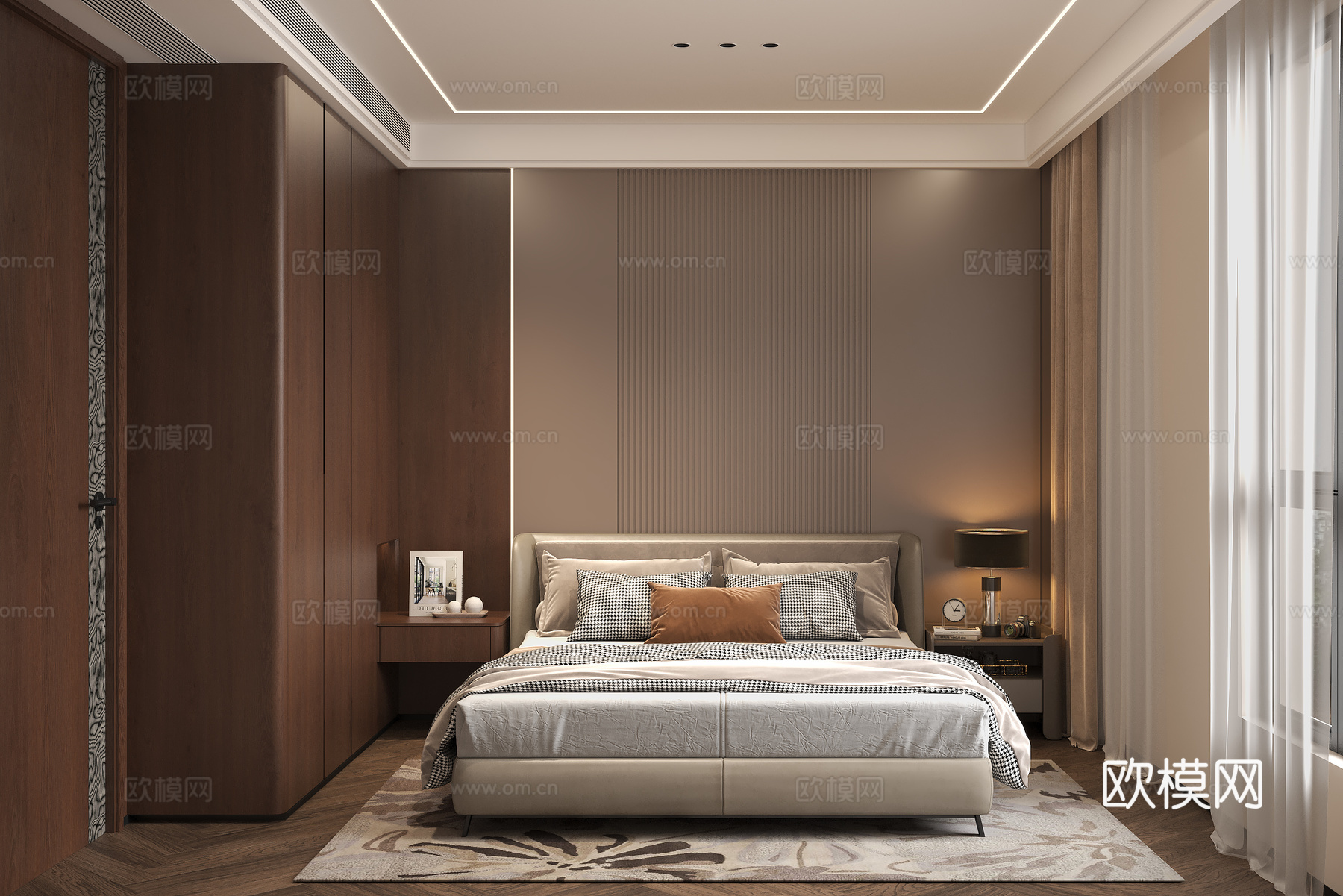 意式卧室床头柜 现代主卧卧室衣柜 意式地毯饰品摆件 现代皮革su模型