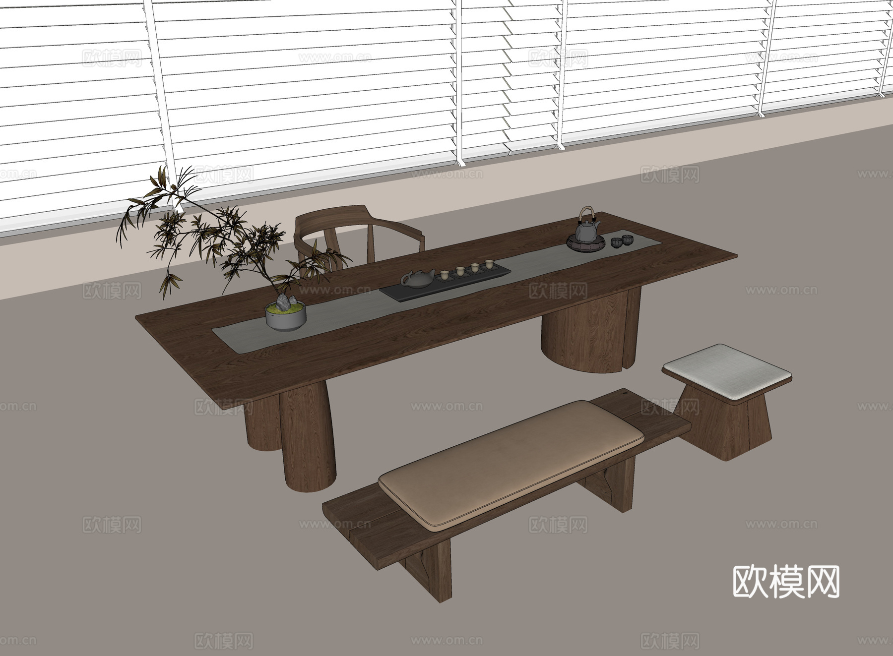 现代茶桌 实木茶桌 实木单椅 实木长椅 实木方凳 茶具 绿植su模型