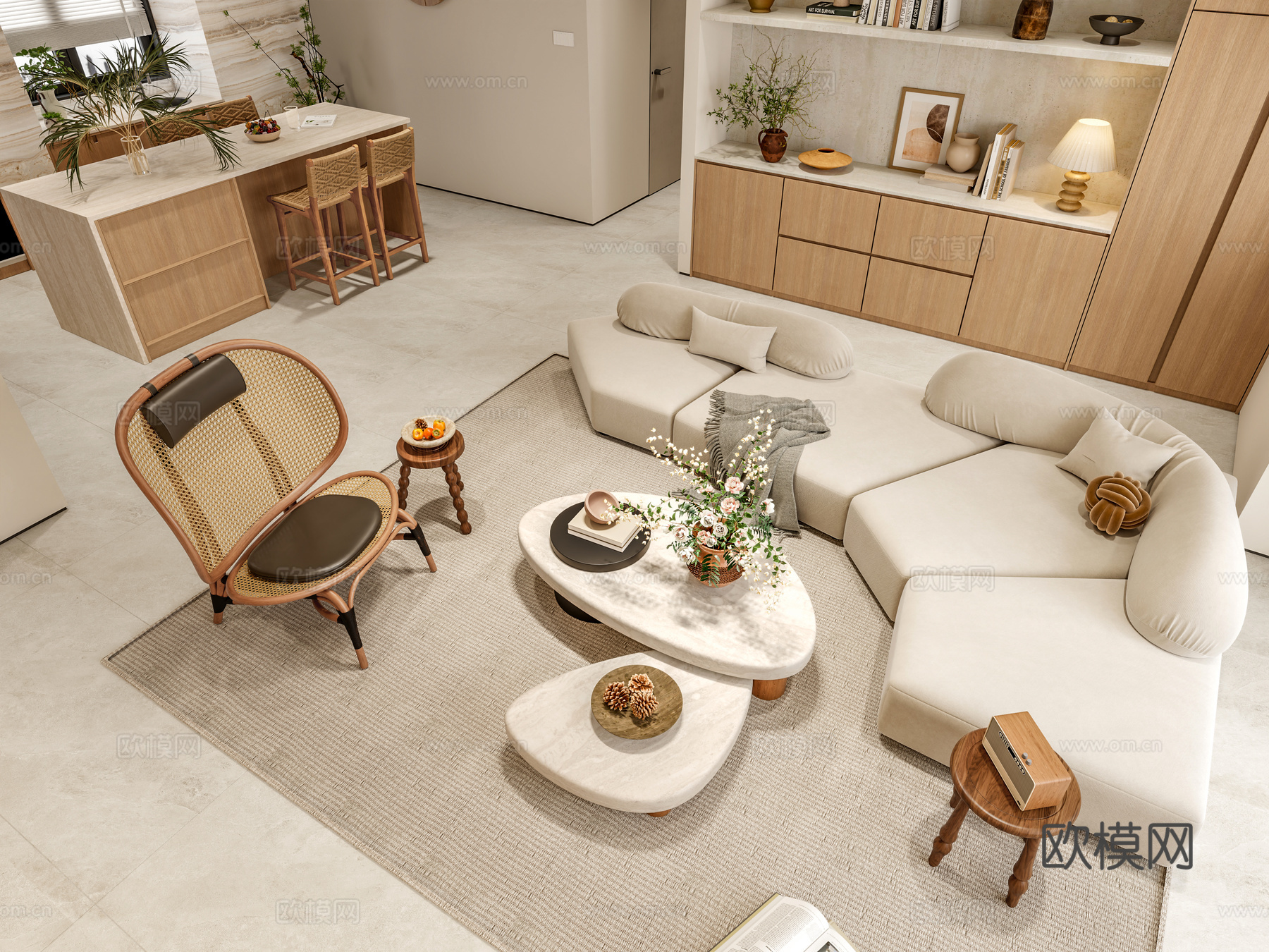 现代奶油风客餐厅3d模型下载（渲染图8）