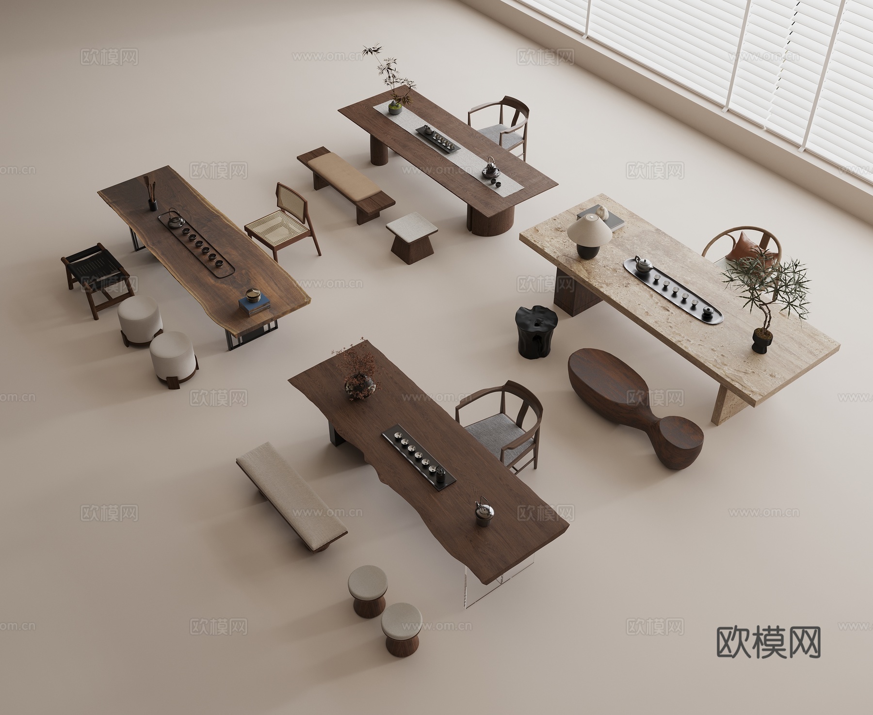 茶具组合 现代茶桌 实木茶桌 实木单椅 实木长椅 茶具su模型