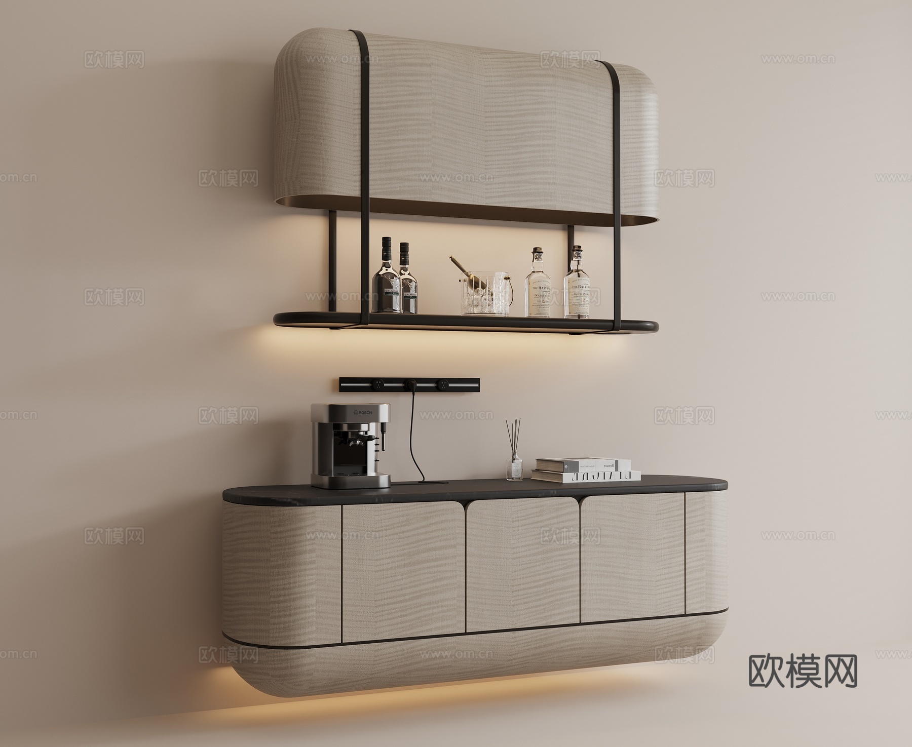现代餐边柜 实木餐边柜 现代吊柜 咖啡机 酒瓶酒杯su模型