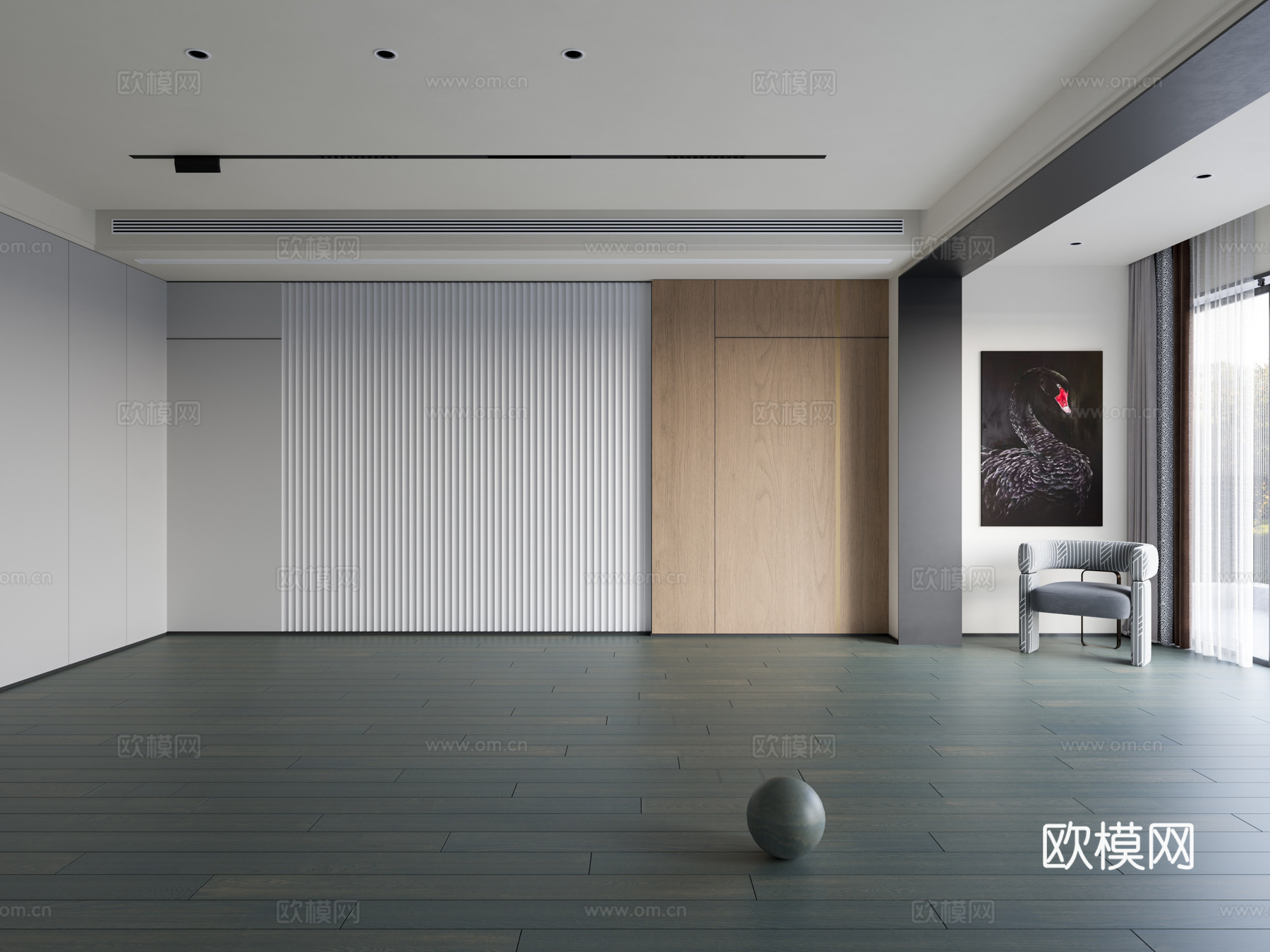 意式极简木地板 实木地板 深色地板 工字铺贴 哑光地板3d模型下载（渲染图2）