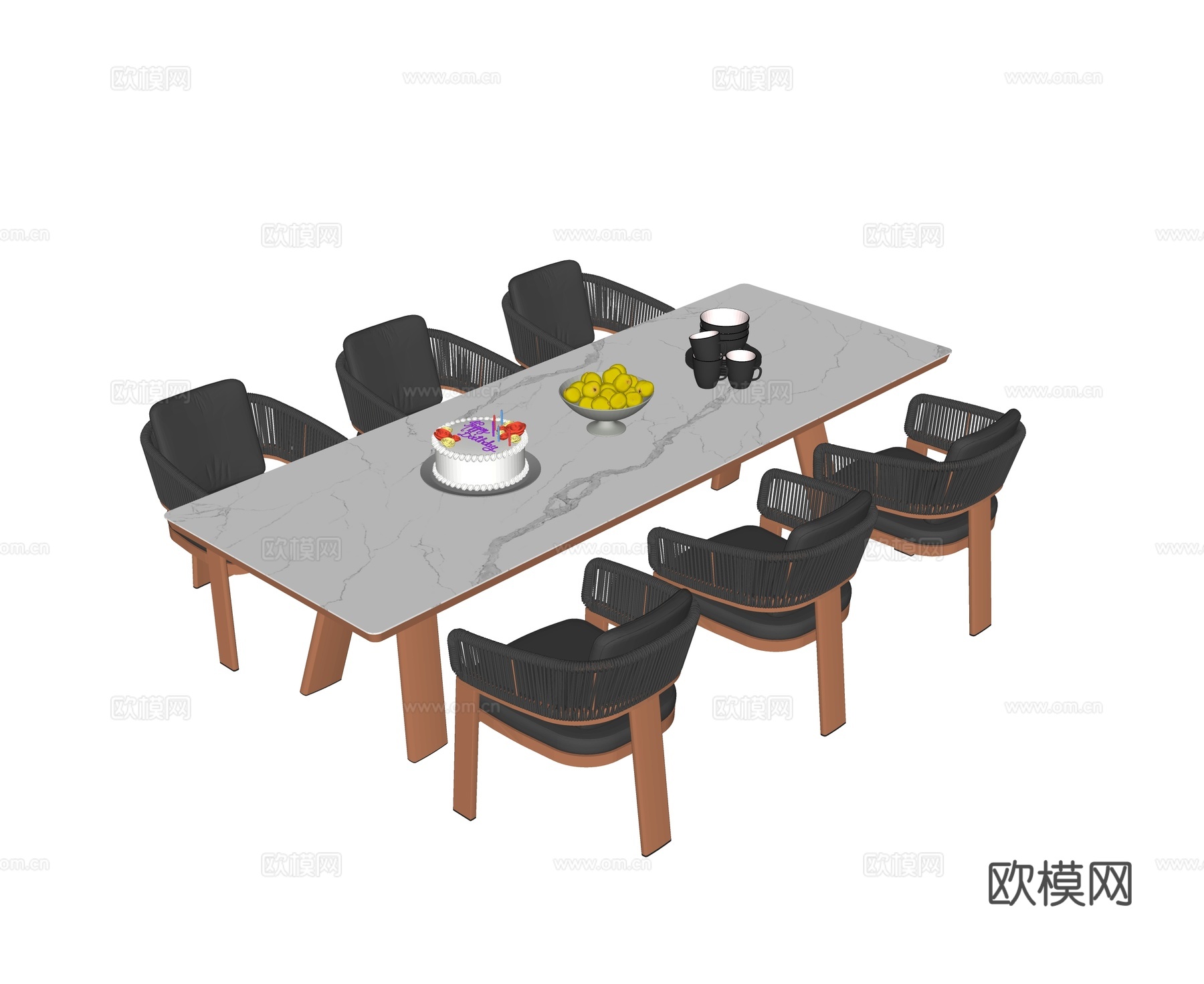 kun 现代 庭院户外餐桌椅 一桌六椅 岩板餐桌 餐椅su模型