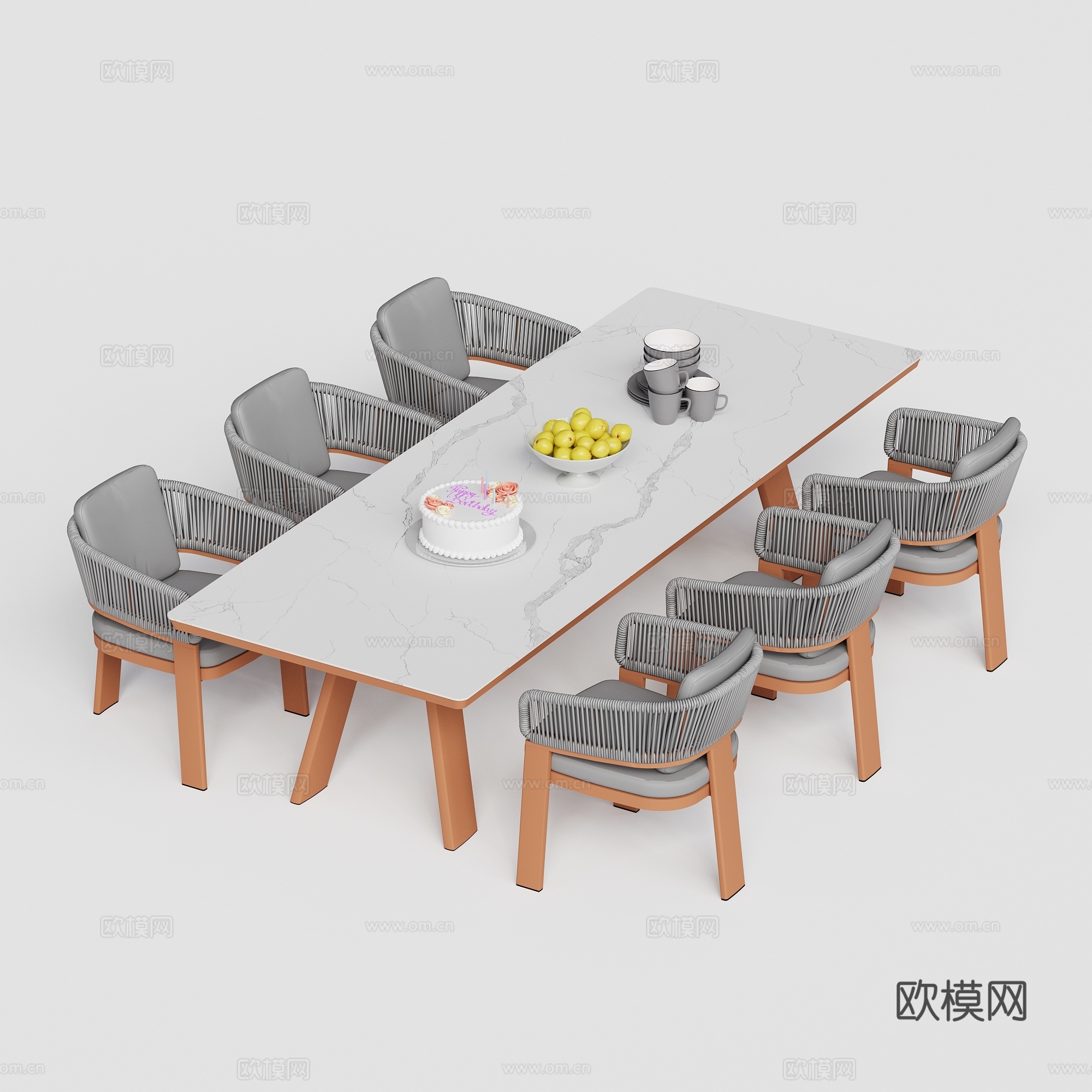 kun 现代 庭院户外餐桌椅 一桌六椅 岩板餐桌 餐椅su模型