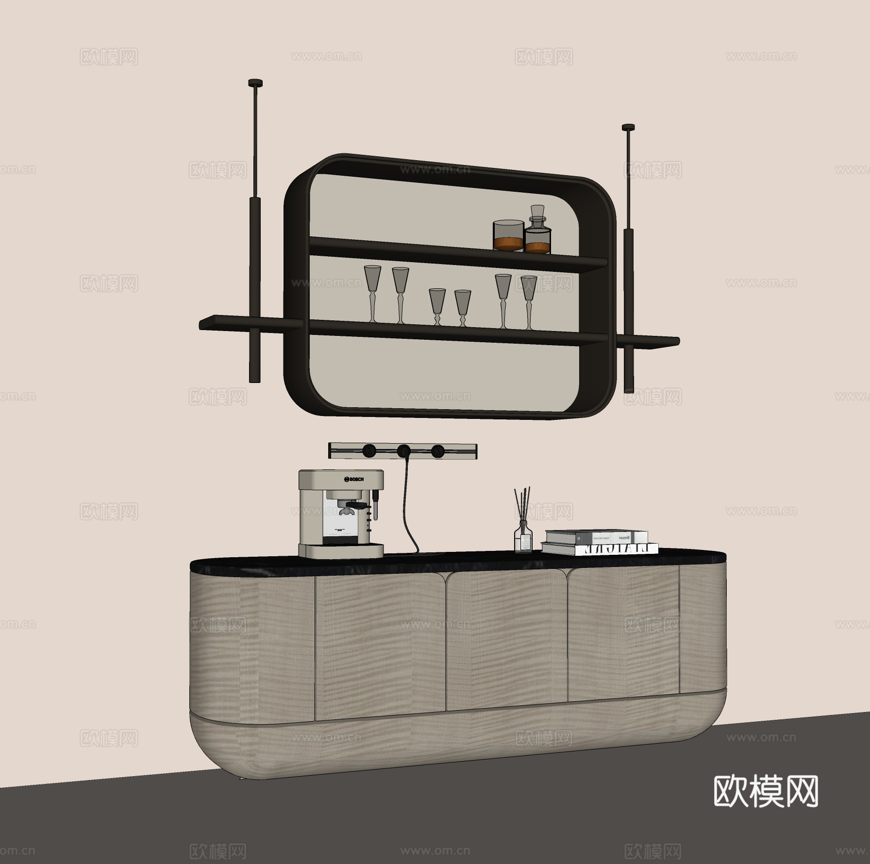 现代餐边柜 实木餐边柜 现代吊柜 咖啡机 酒瓶酒杯su模型