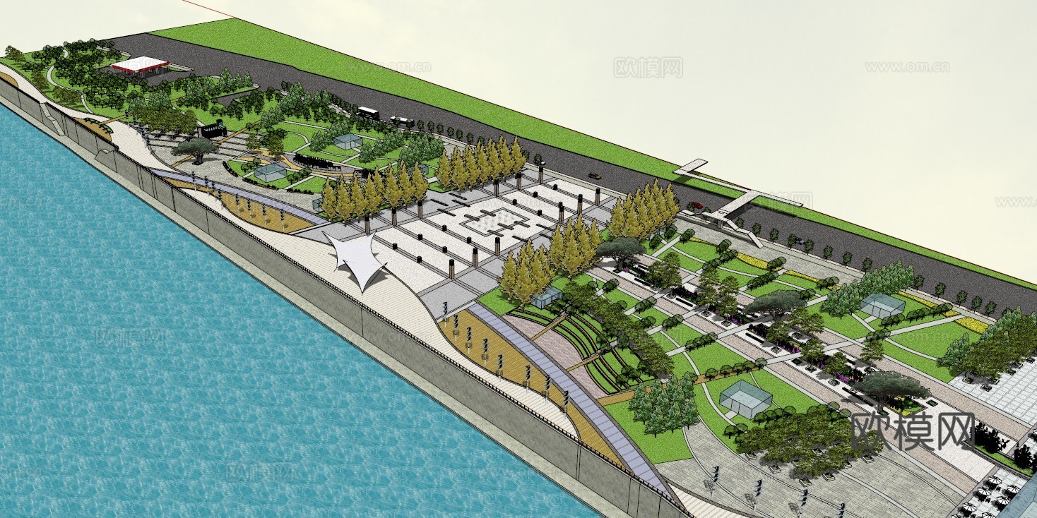滨江广场模型 园林景观模型 广场方案设计 园林方案设计su模型
