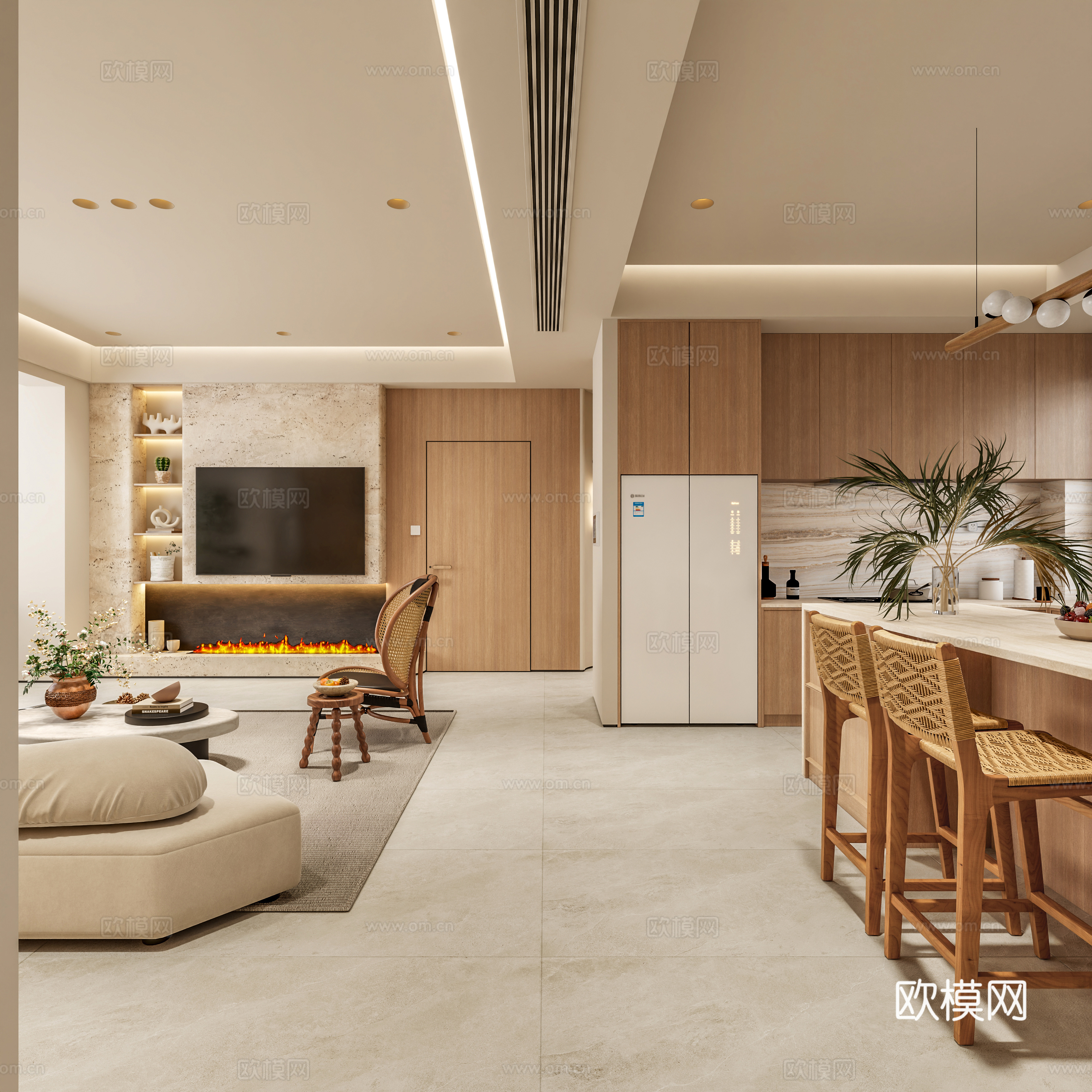 现代奶油风客餐厅3d模型下载（渲染图5）