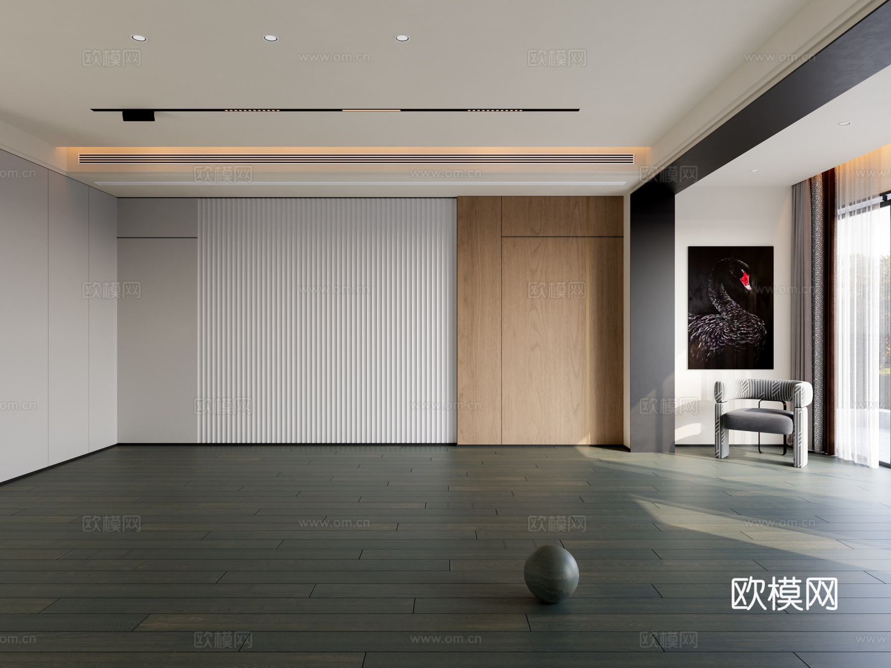 意式极简木地板 实木地板 深色地板 工字铺贴 哑光地板3d模型下载（渲染图1）