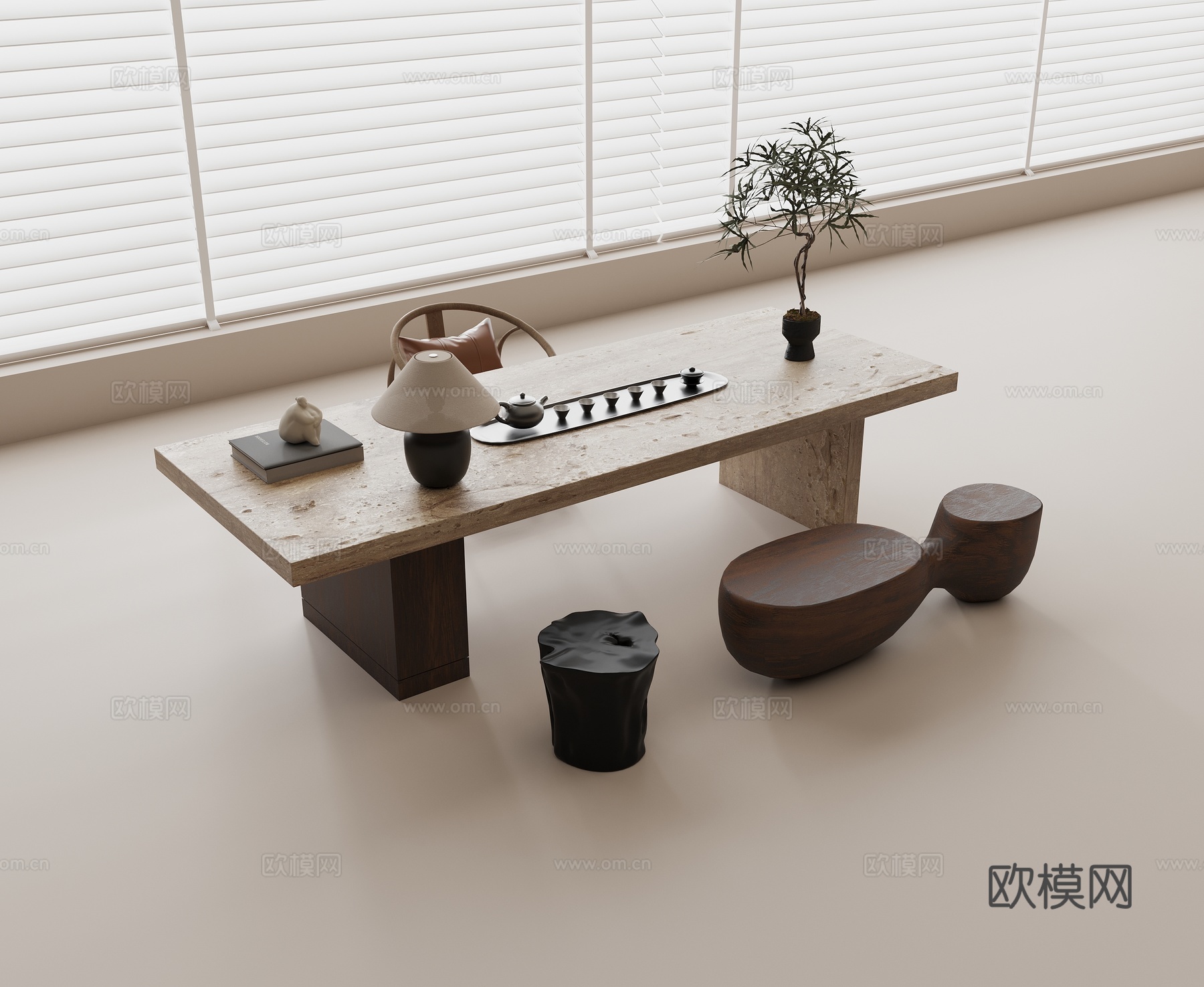 现代茶桌 大理石茶桌 实木单椅 实木不规则凳子 茶具 台灯su模型