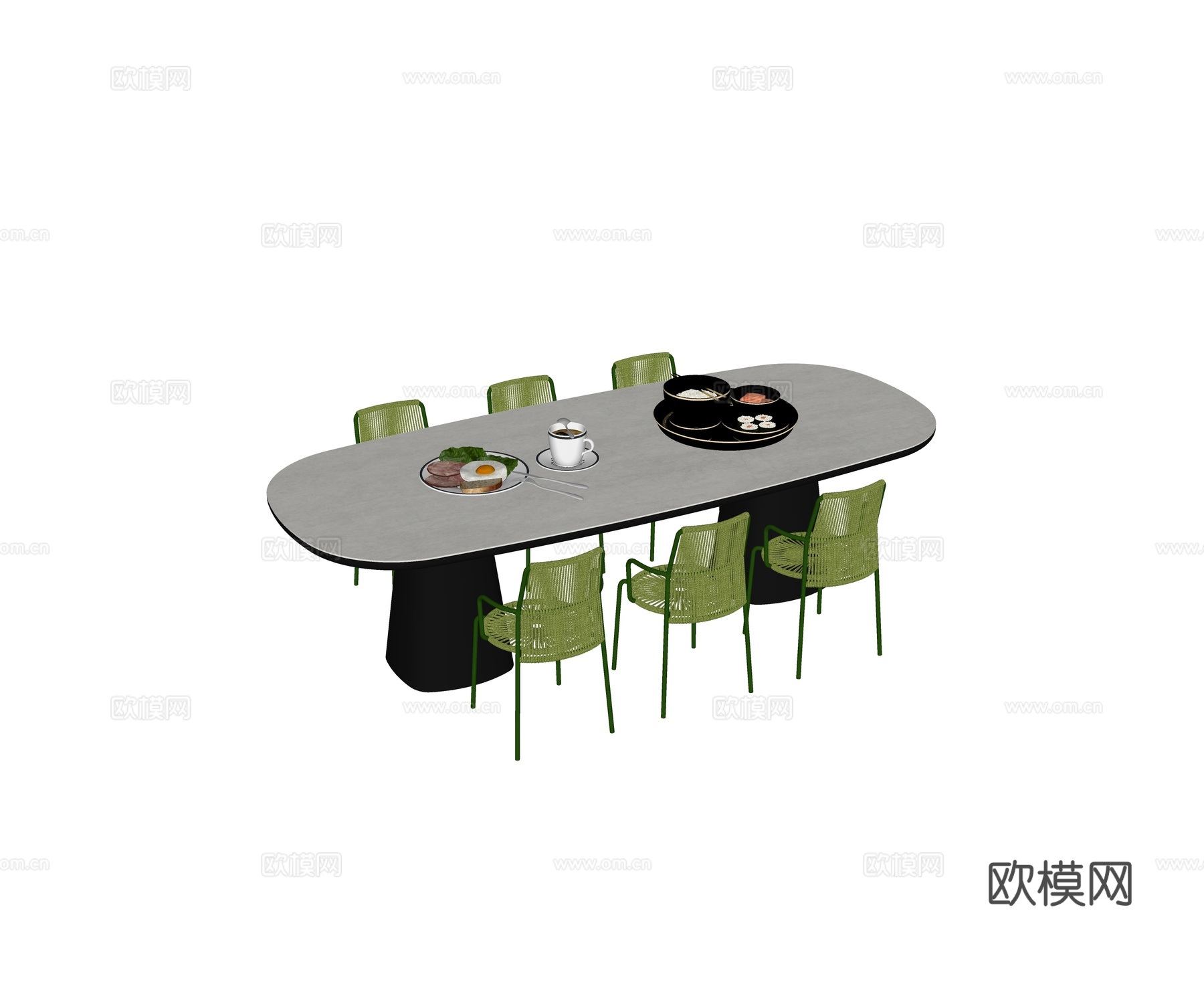现代户外 庭院花园 餐桌椅 椭圆餐桌 餐椅 桌面饰品摆件su模型
