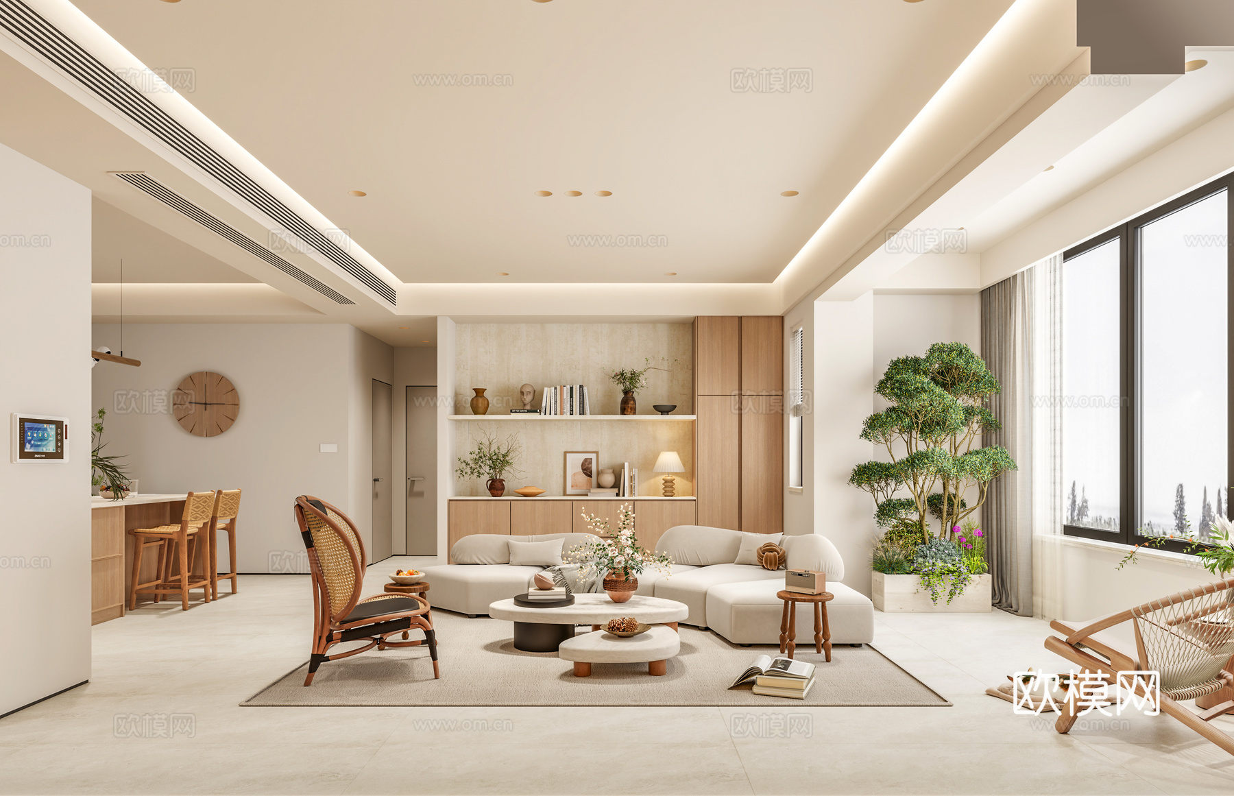 现代奶油风客餐厅3d模型下载（渲染图1）