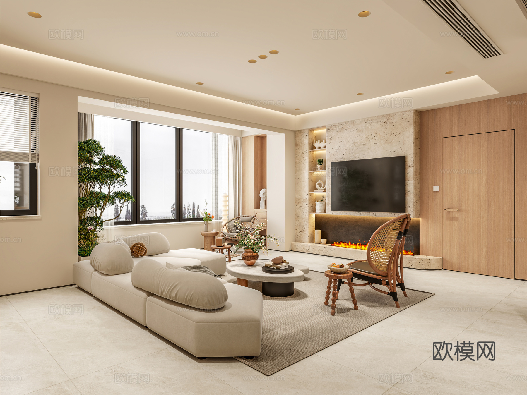 现代奶油风客餐厅3d模型下载（渲染图4）