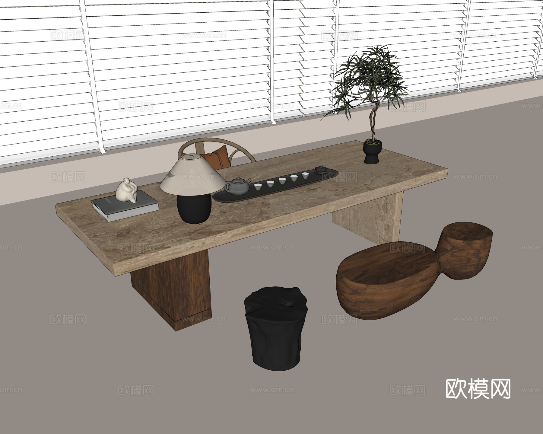 现代茶桌 大理石茶桌 实木单椅 实木不规则凳子 茶具 台灯su模型