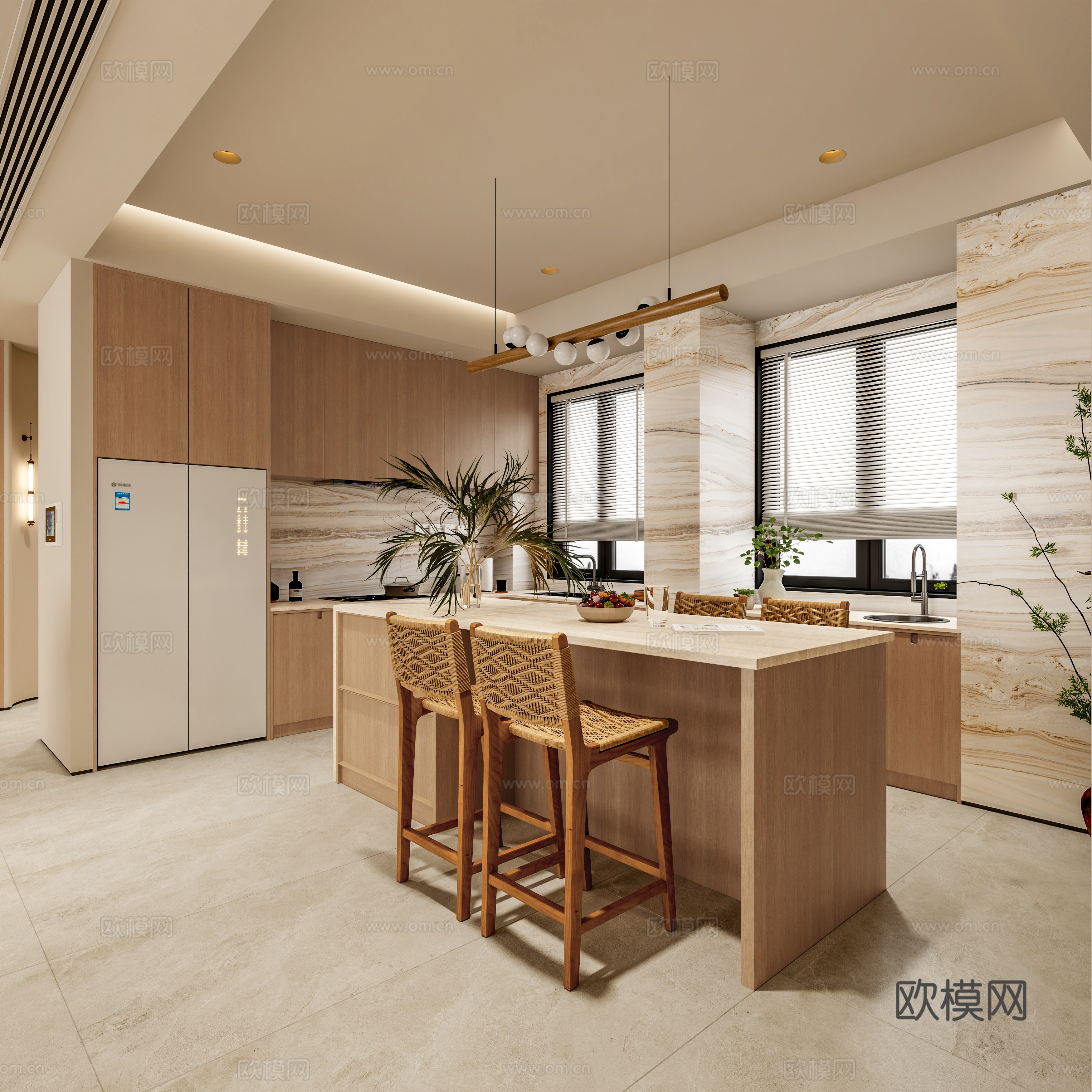 现代奶油风客餐厅3d模型下载（渲染图7）