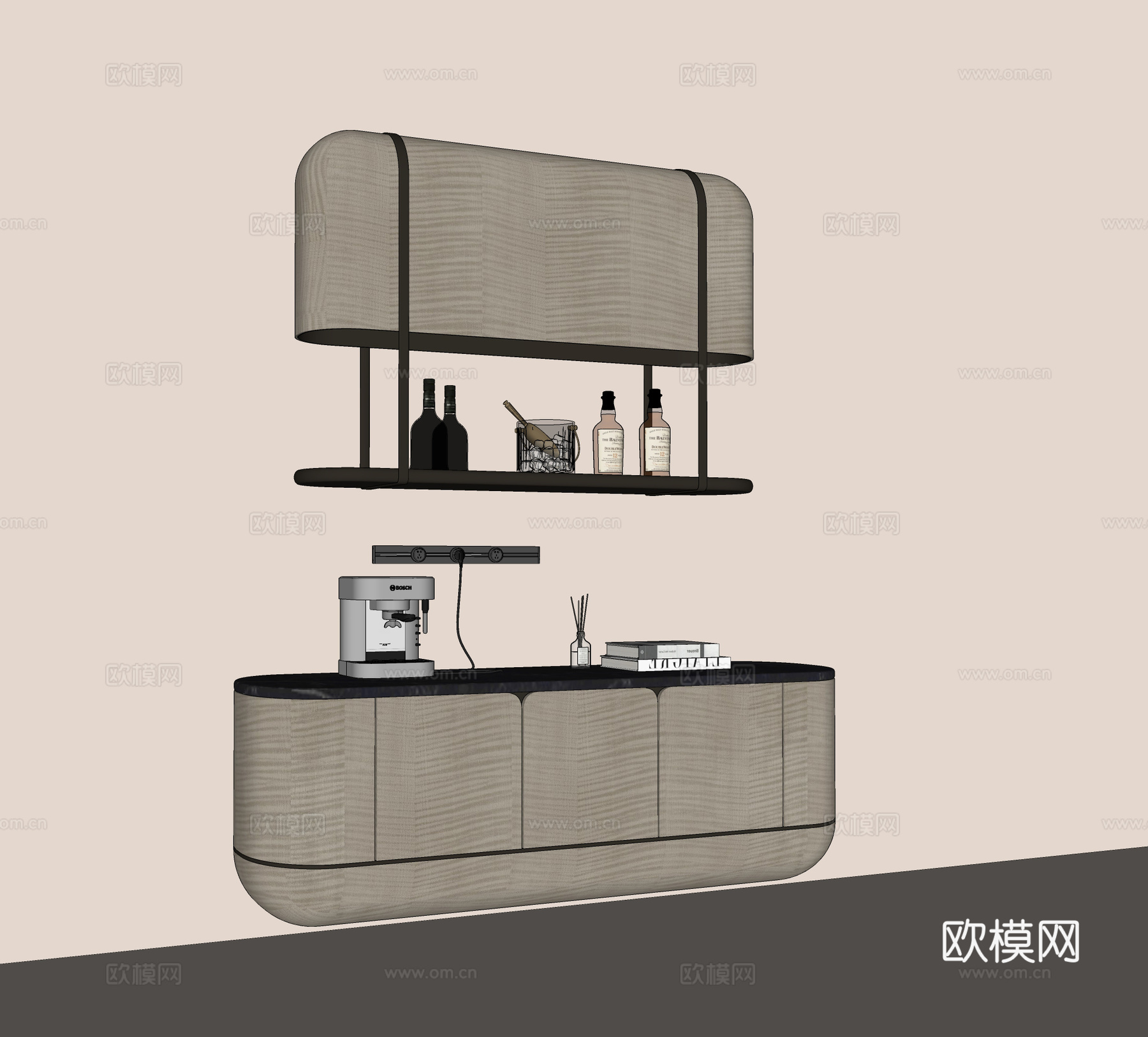 现代餐边柜 实木餐边柜 现代吊柜 咖啡机 酒瓶酒杯su模型