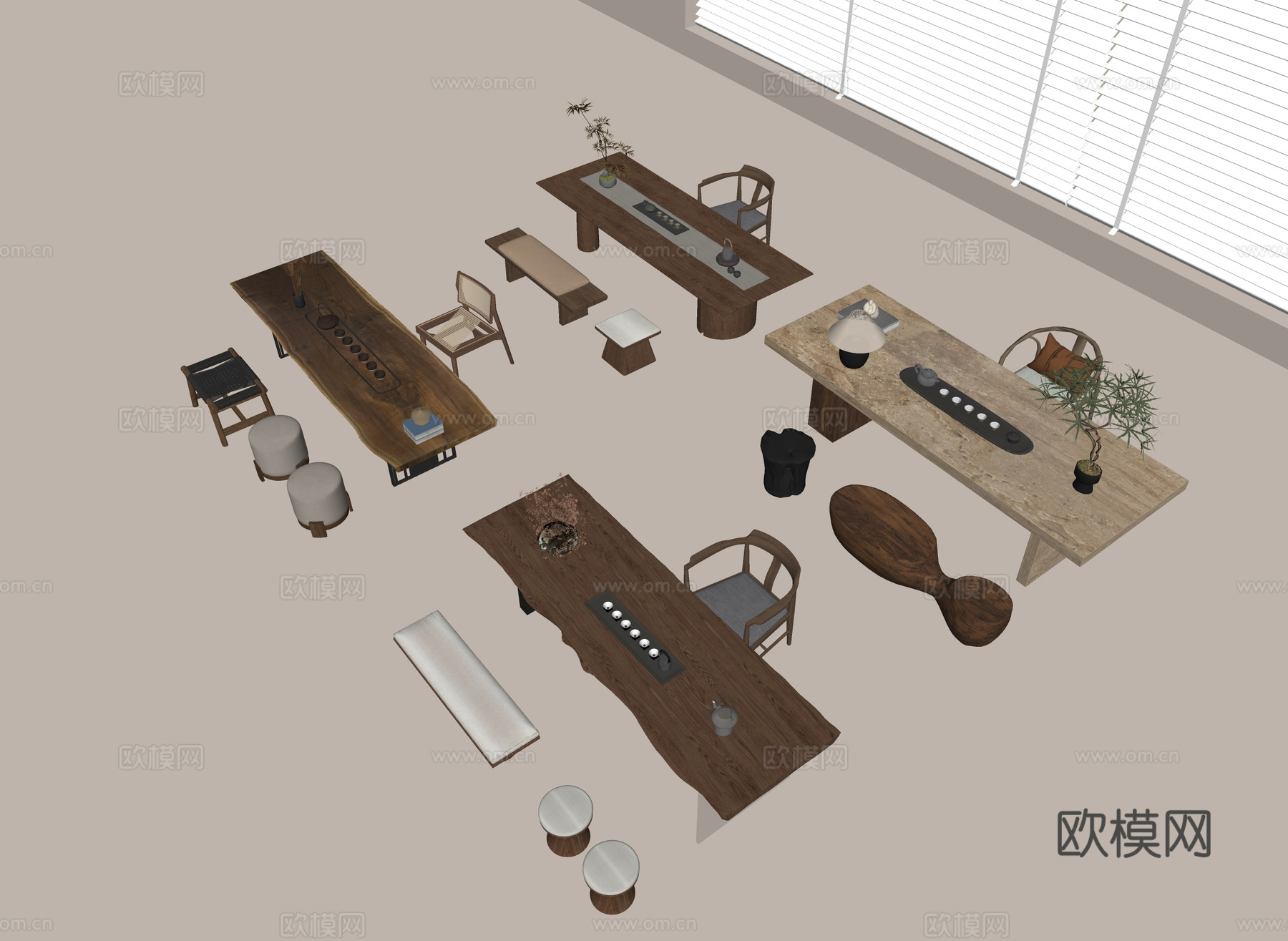 茶具组合 现代茶桌 实木茶桌 实木单椅 实木长椅 茶具su模型