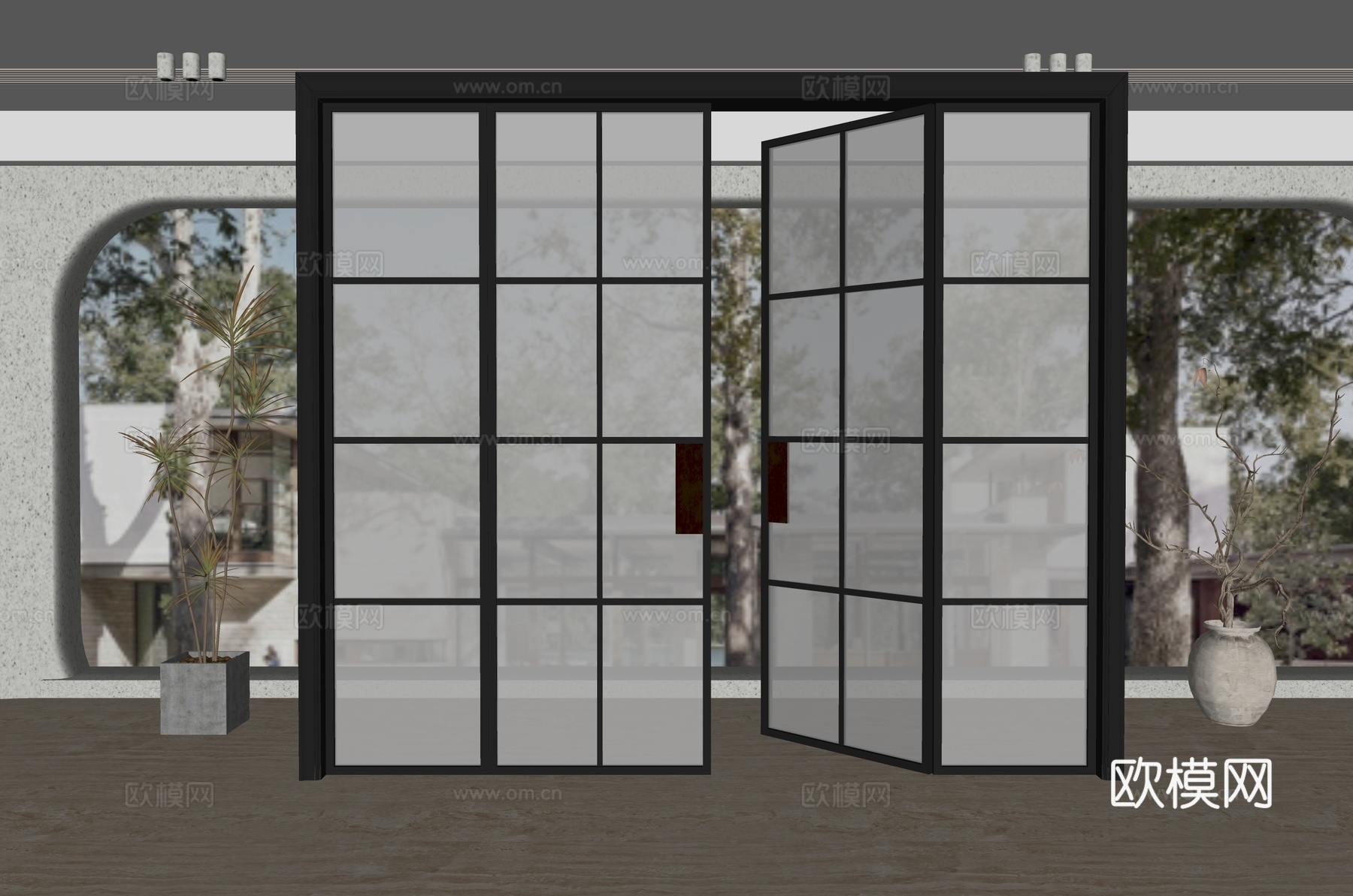现代双开玻璃门su模型