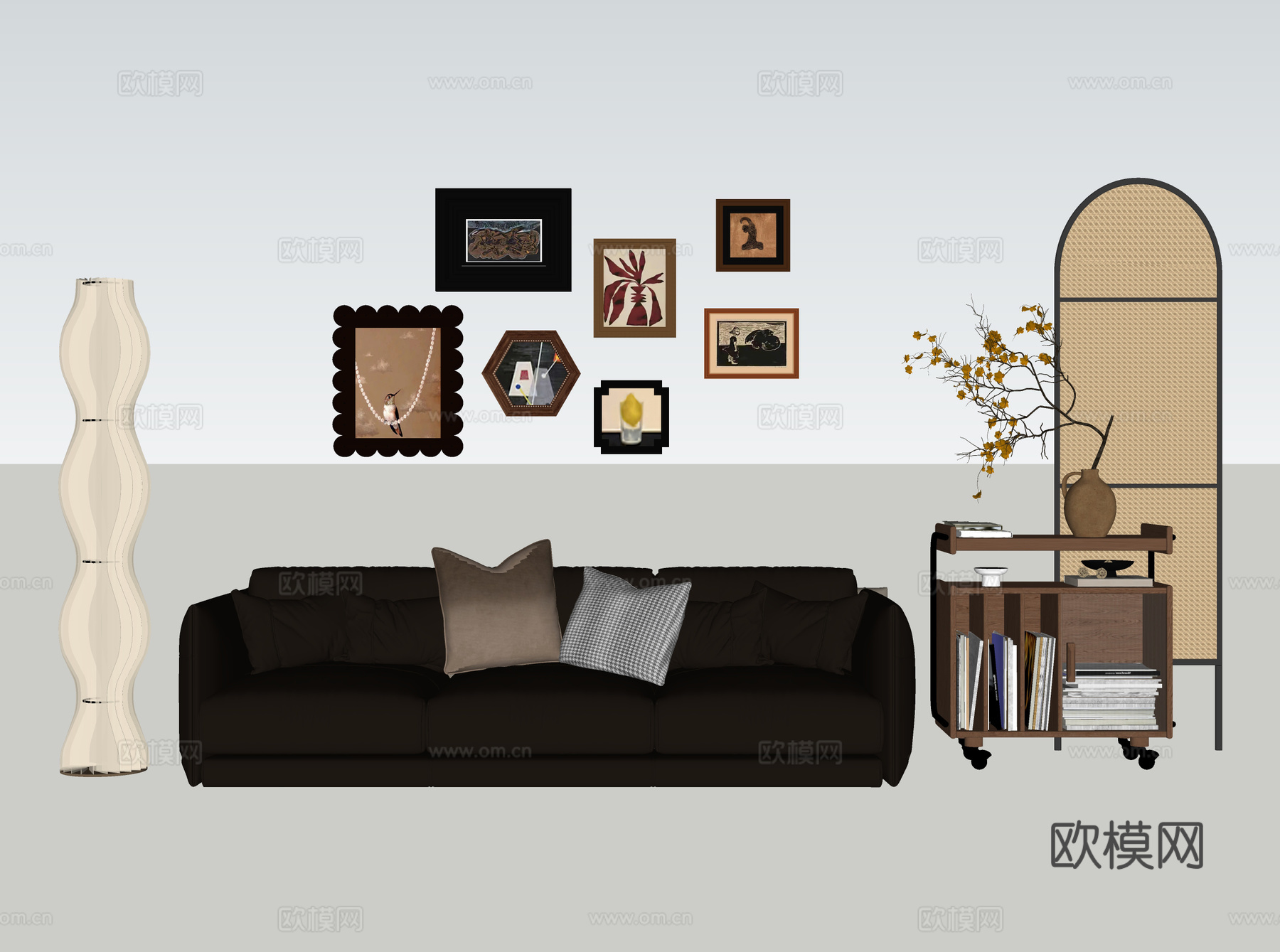 中古风皮革沙发抱枕 沙发组合    落地灯挂画 中式摆件su模型