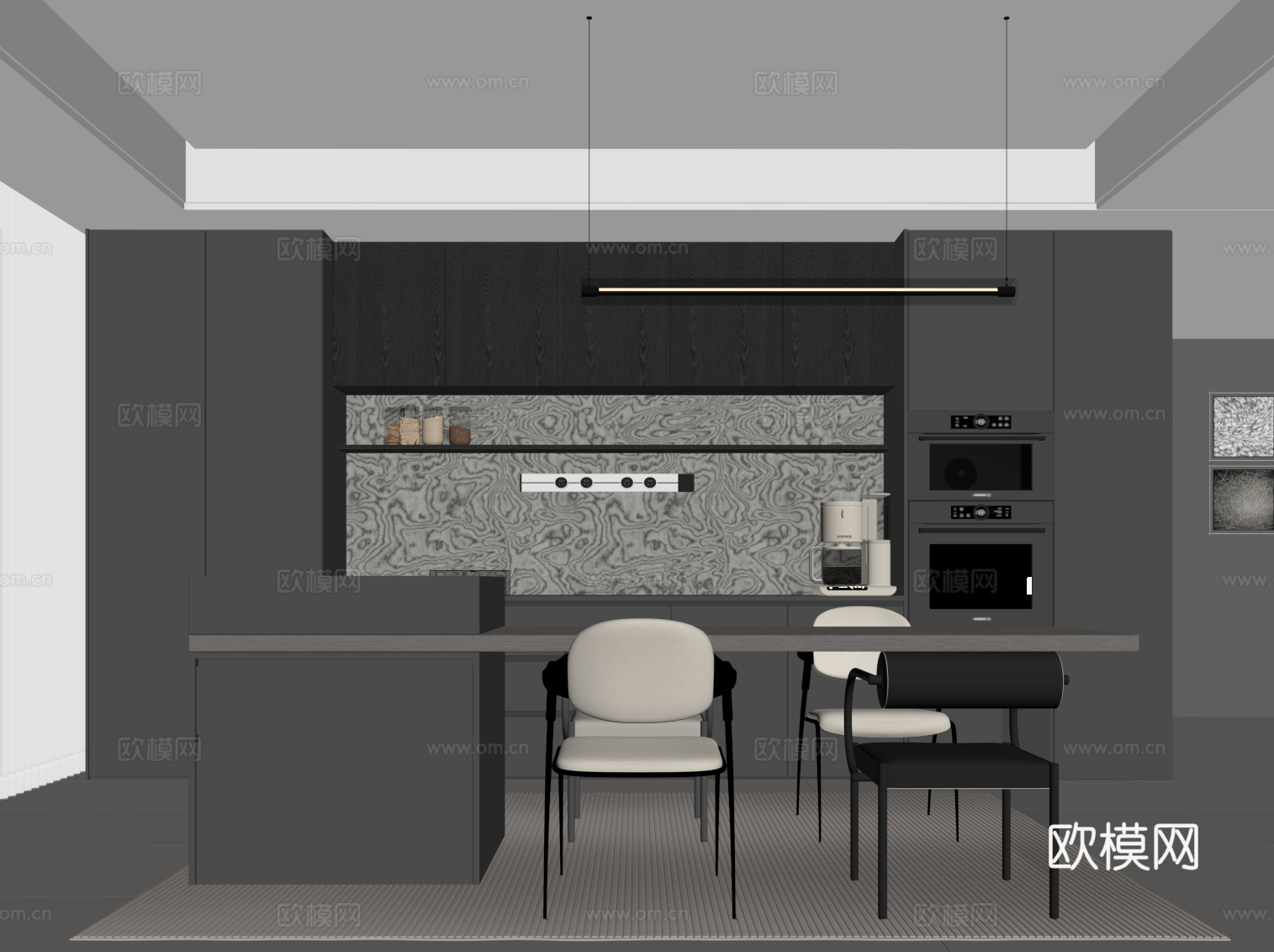 现代餐厅 酒柜 岛台 餐桌椅su模型