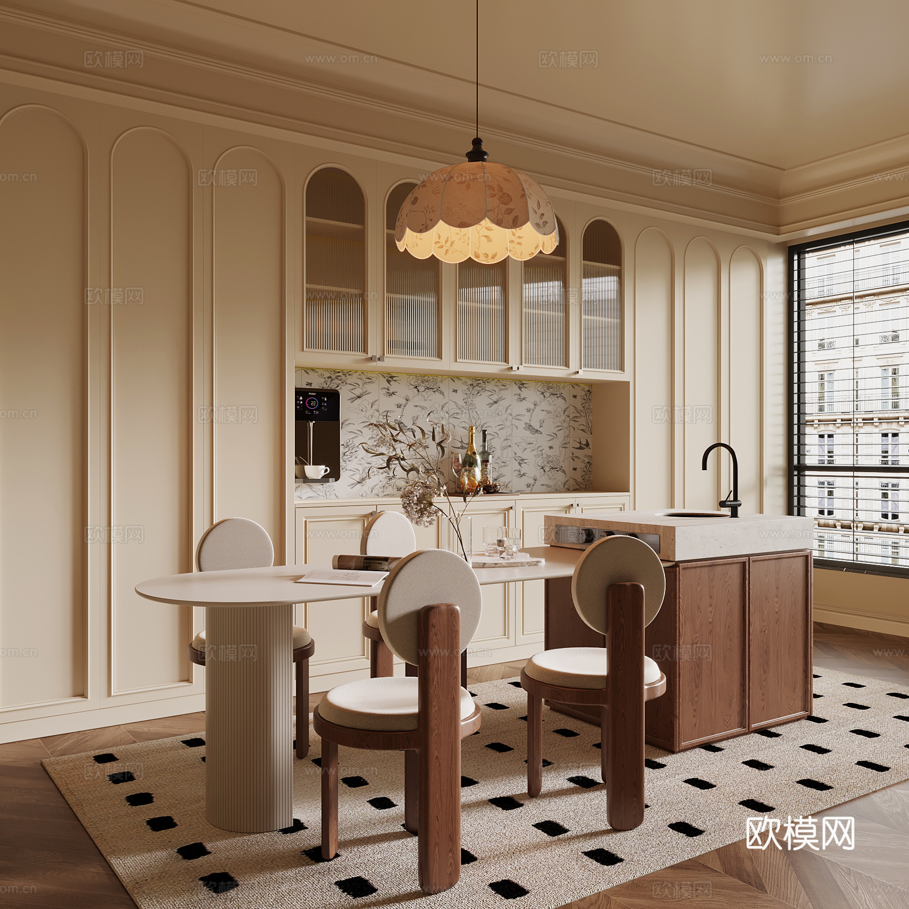 法式餐厅 酒柜 岛台 餐桌椅su模型