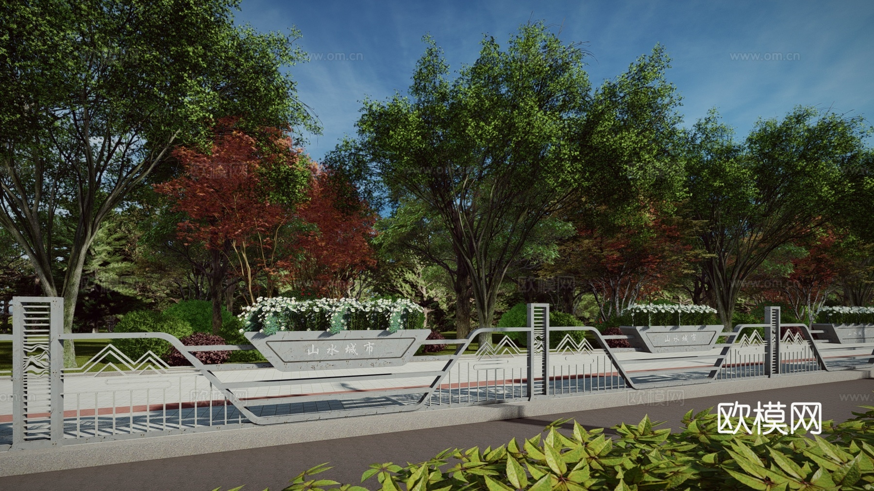 现代中式道路围栏交通配件道路护栏车档非机动车护栏市政护栏su模型