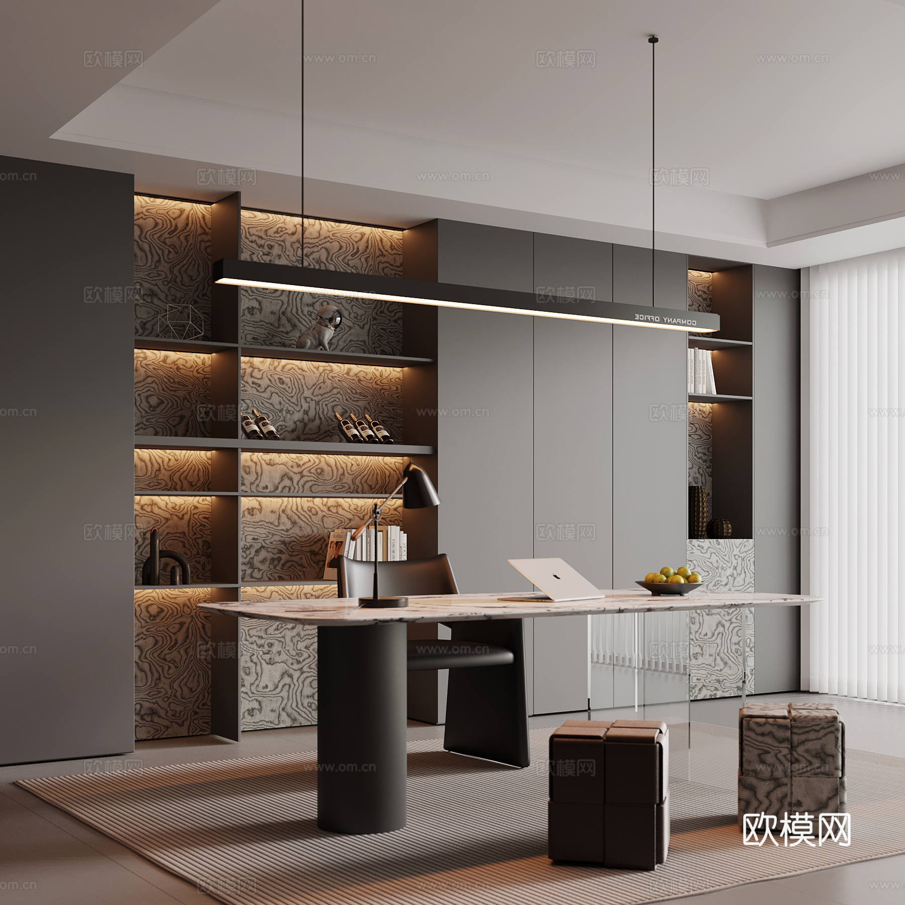 现代书房 书柜 书桌椅su模型