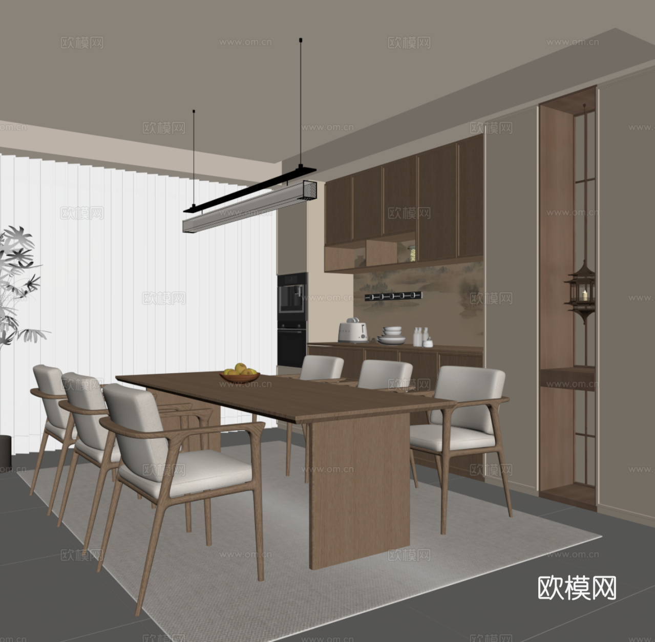 新中式餐厅 餐桌椅 酒柜su模型