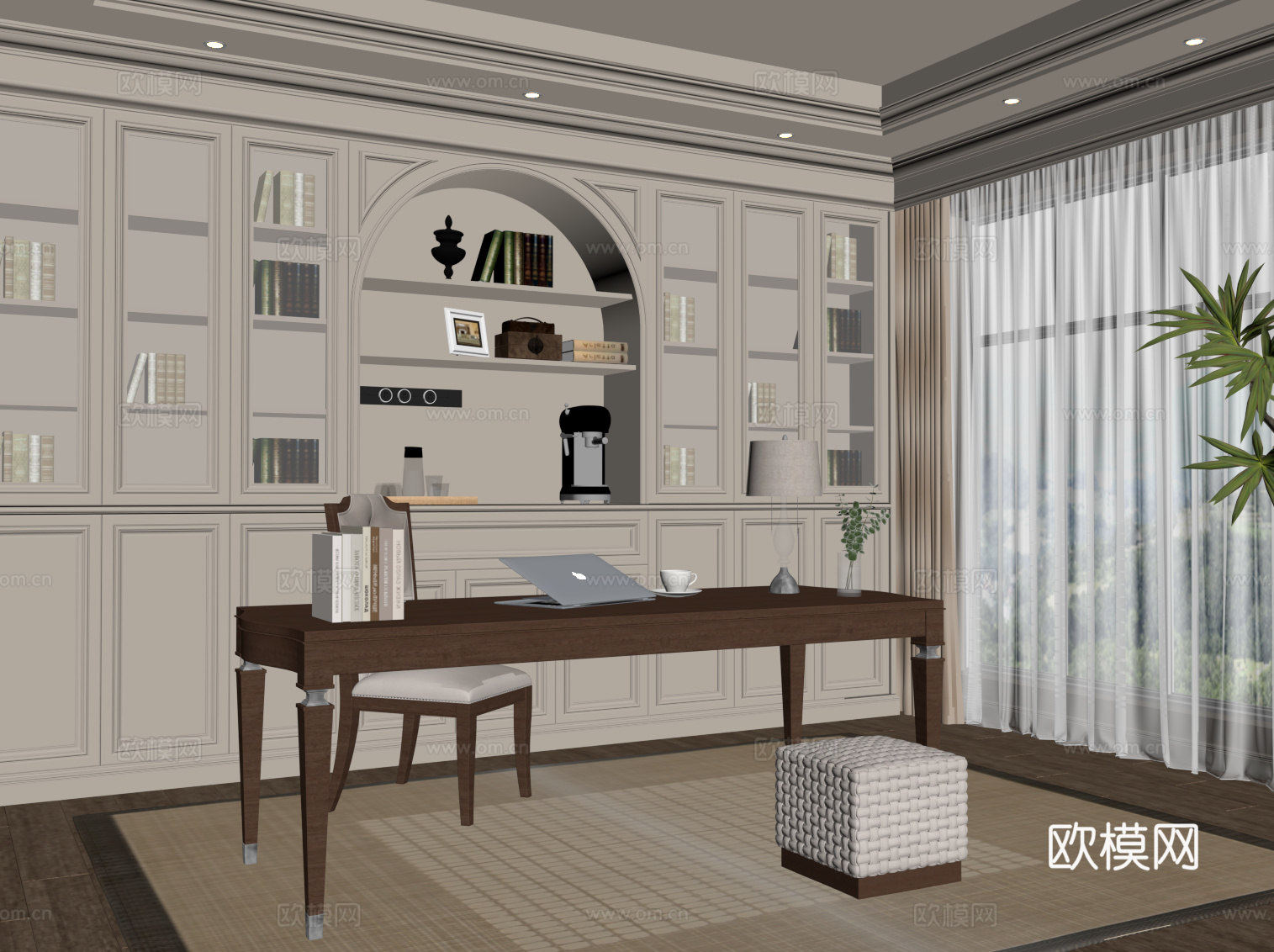 法式书房 书桌椅 书柜su模型