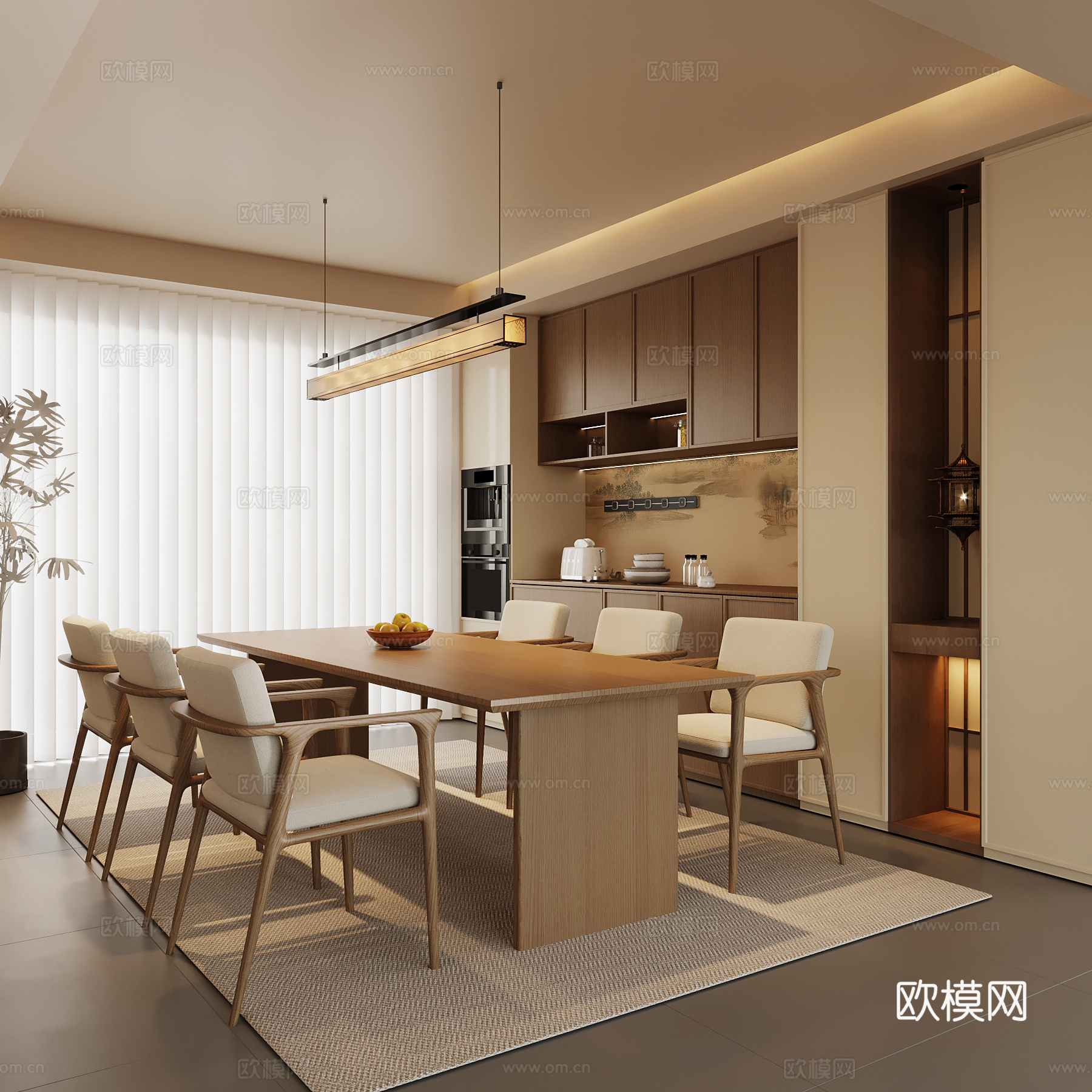 新中式餐厅 餐桌椅 酒柜su模型