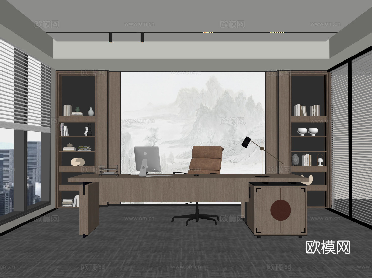 新中式经理办公室 办公桌椅su模型