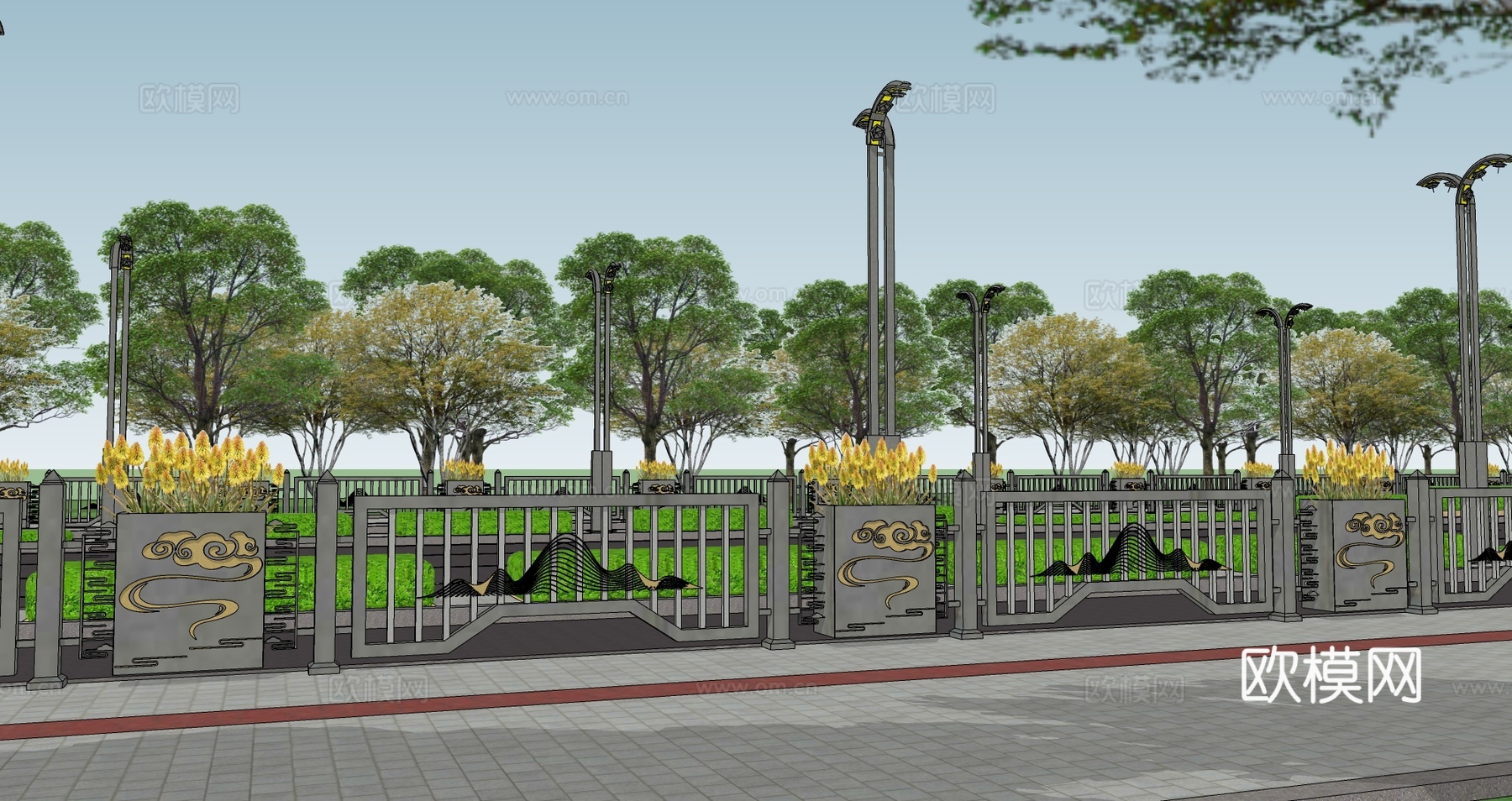 现代中式道路围栏交通配件道路护栏车档非机动车护栏市政护栏su模型下载（渲染图1）