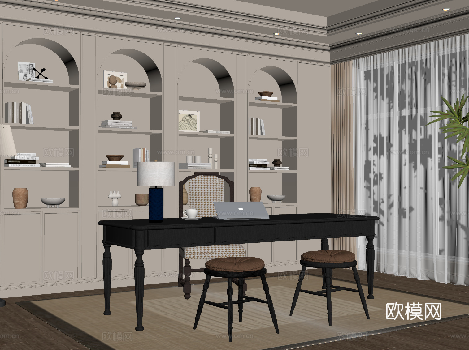 法式书房 书桌椅 书柜su模型