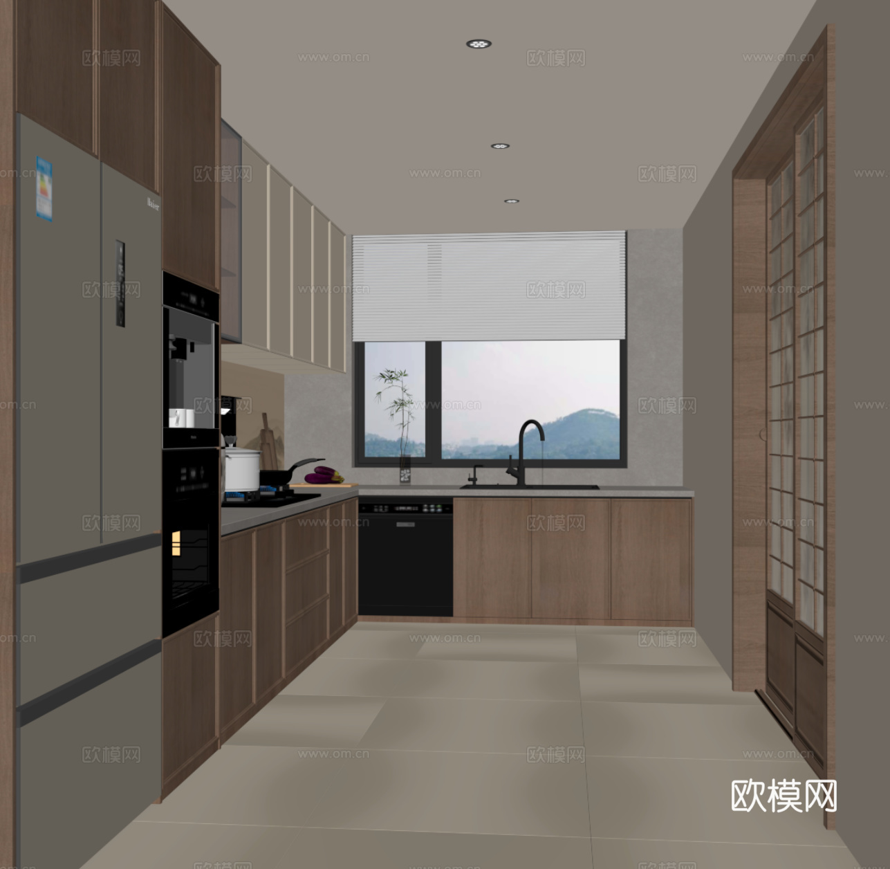 新中式厨房 橱柜 水槽 抽油烟机su模型