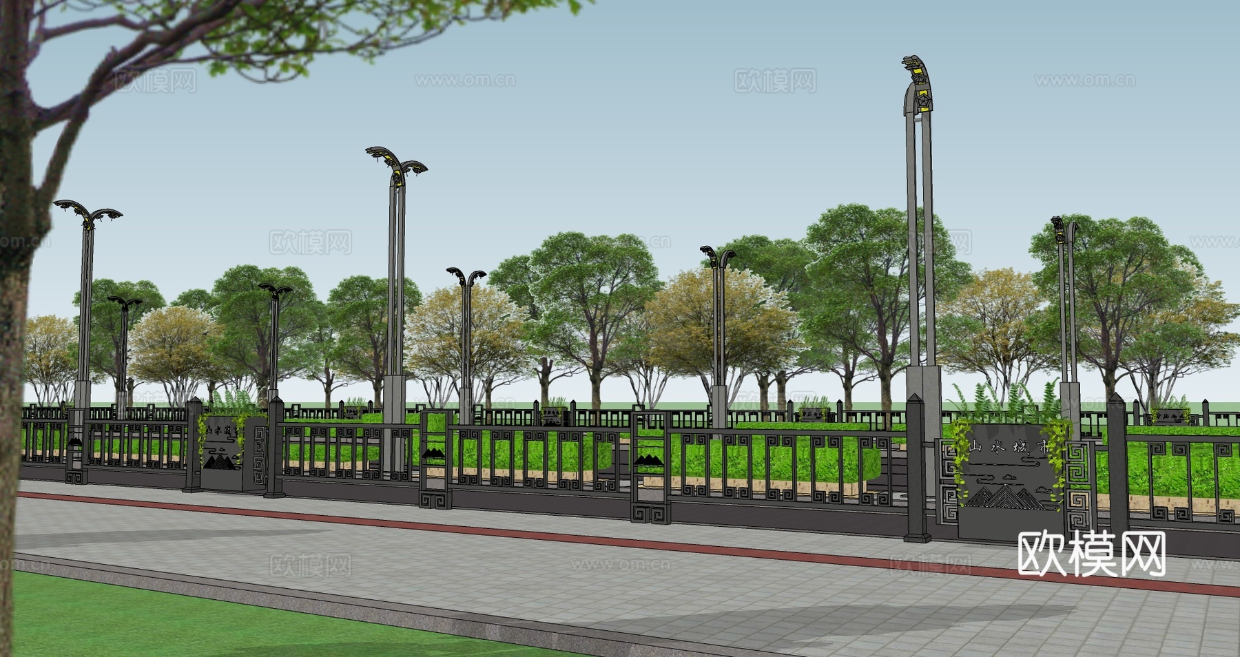 现代中式道路围栏交通配件道路护栏车档非机动车护栏市政护栏su模型